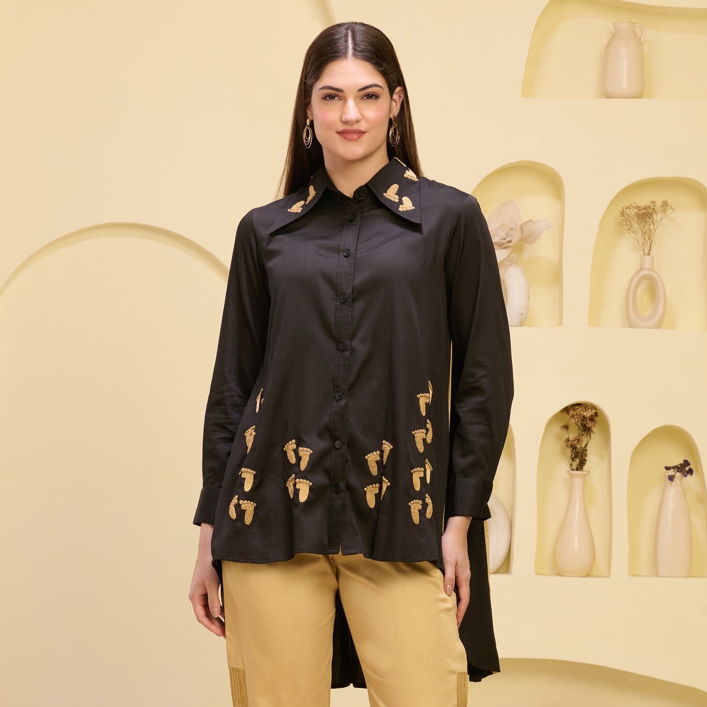 Black and Golden Hand Embroidered Pleated Shirt