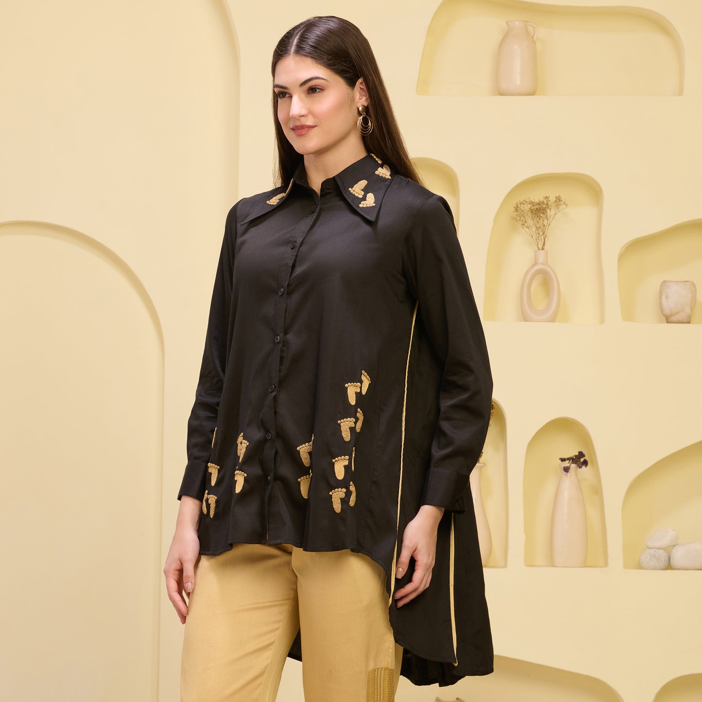 Black and Golden Hand Embroidered Pleated Shirt