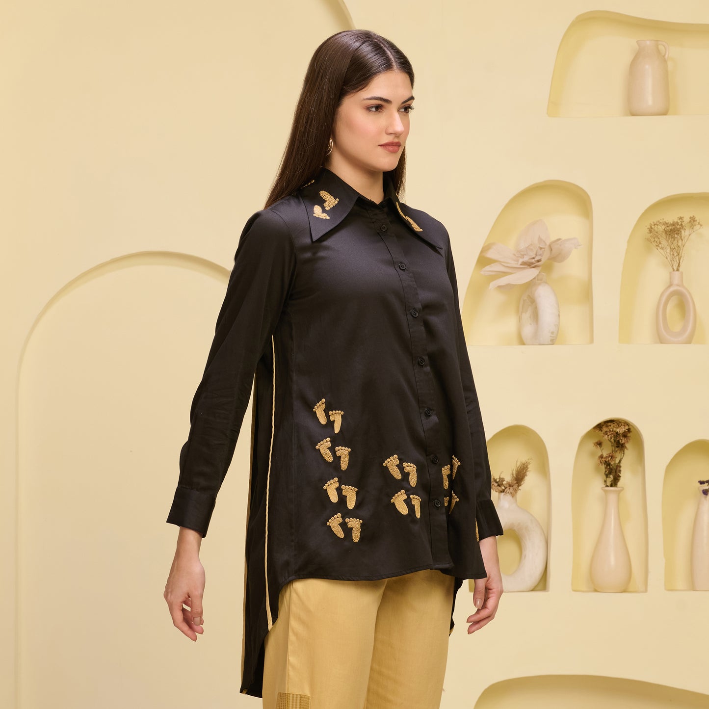 Black and Golden Hand Embroidered Pleated Shirt