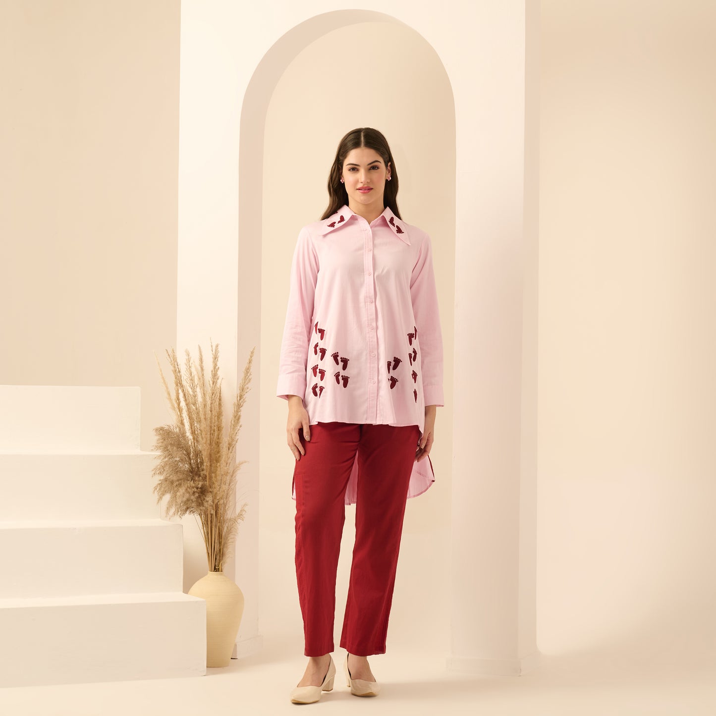 Pink and Red Hand Embroidered Pleated Shirt