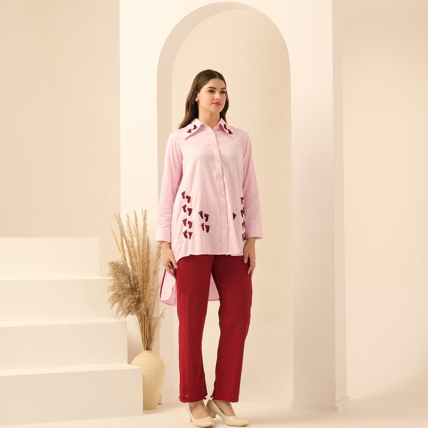 Pink and Red Hand Embroidered Pleated Shirt