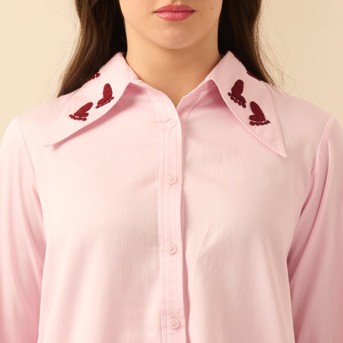 Pink and Red Hand Embroidered Pleated Shirt