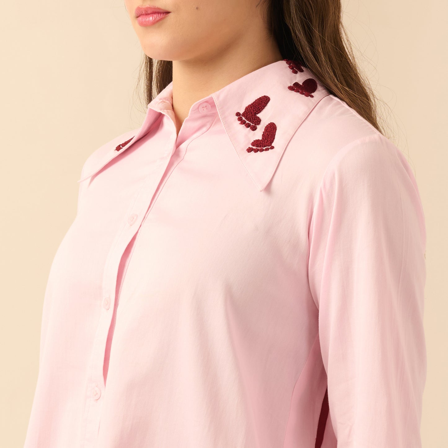 Pink and Red Hand Embroidered Pleated Shirt