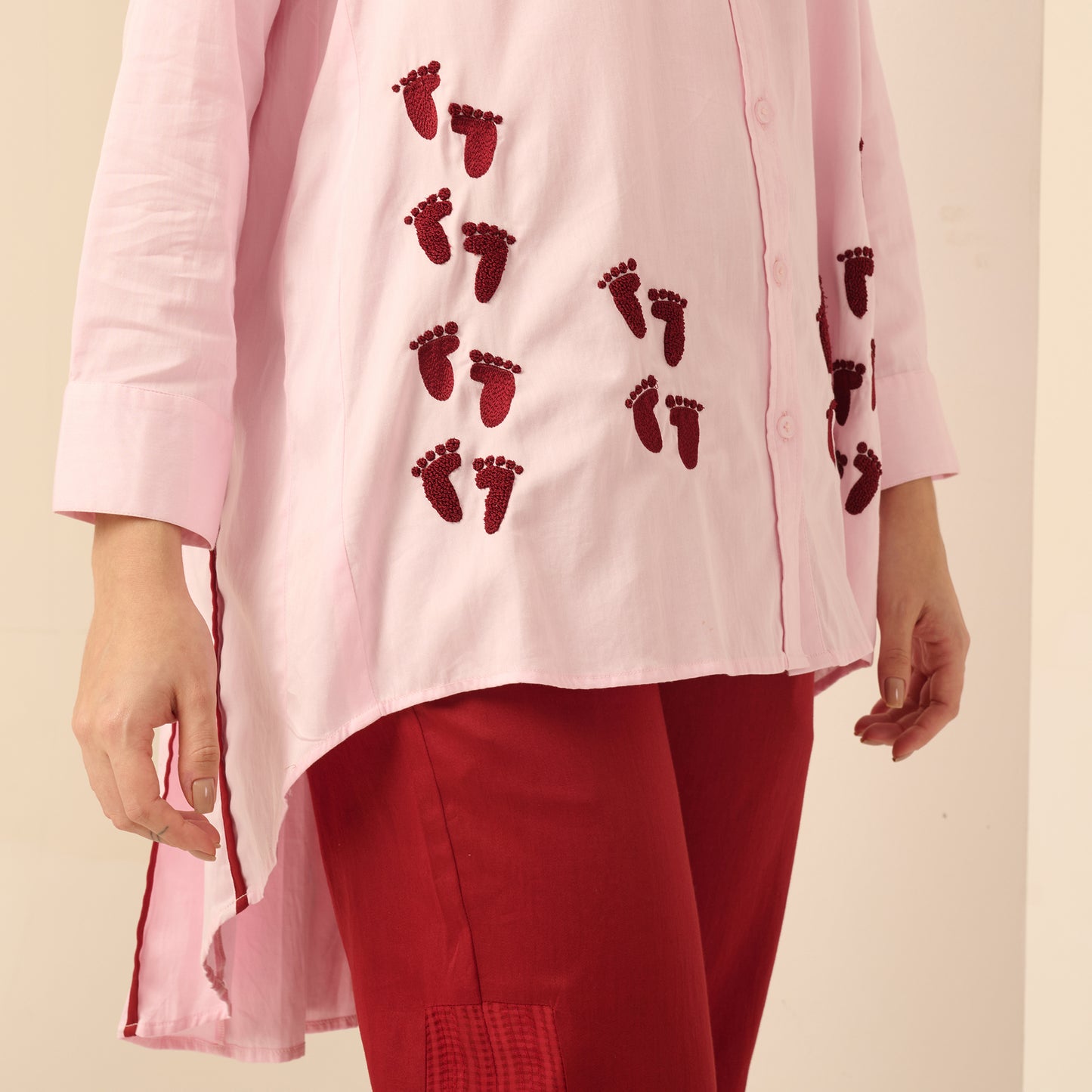 Pink and Red Hand Embroidered Pleated Shirt