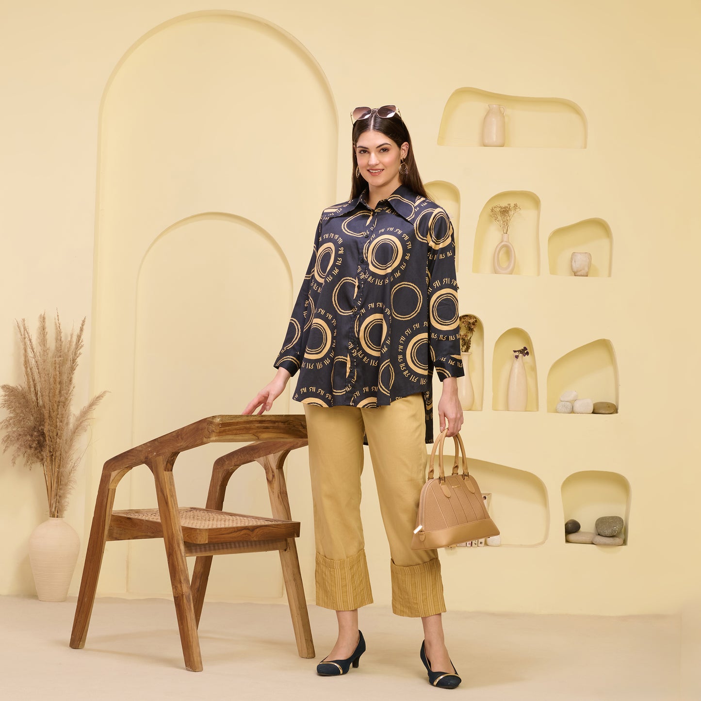 Black and Golden Maa Print Shirt with Cutout Sleeves