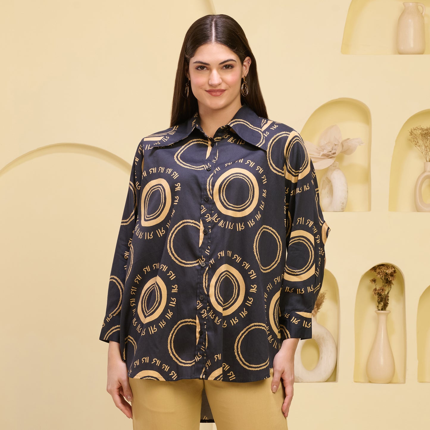 Black and Golden Maa Print Shirt with Cutout Sleeves