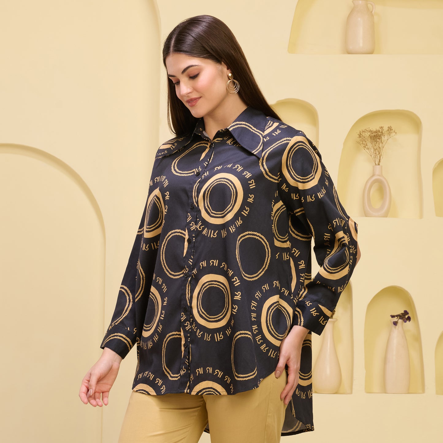 Black and Golden Maa Print Shirt with Cutout Sleeves