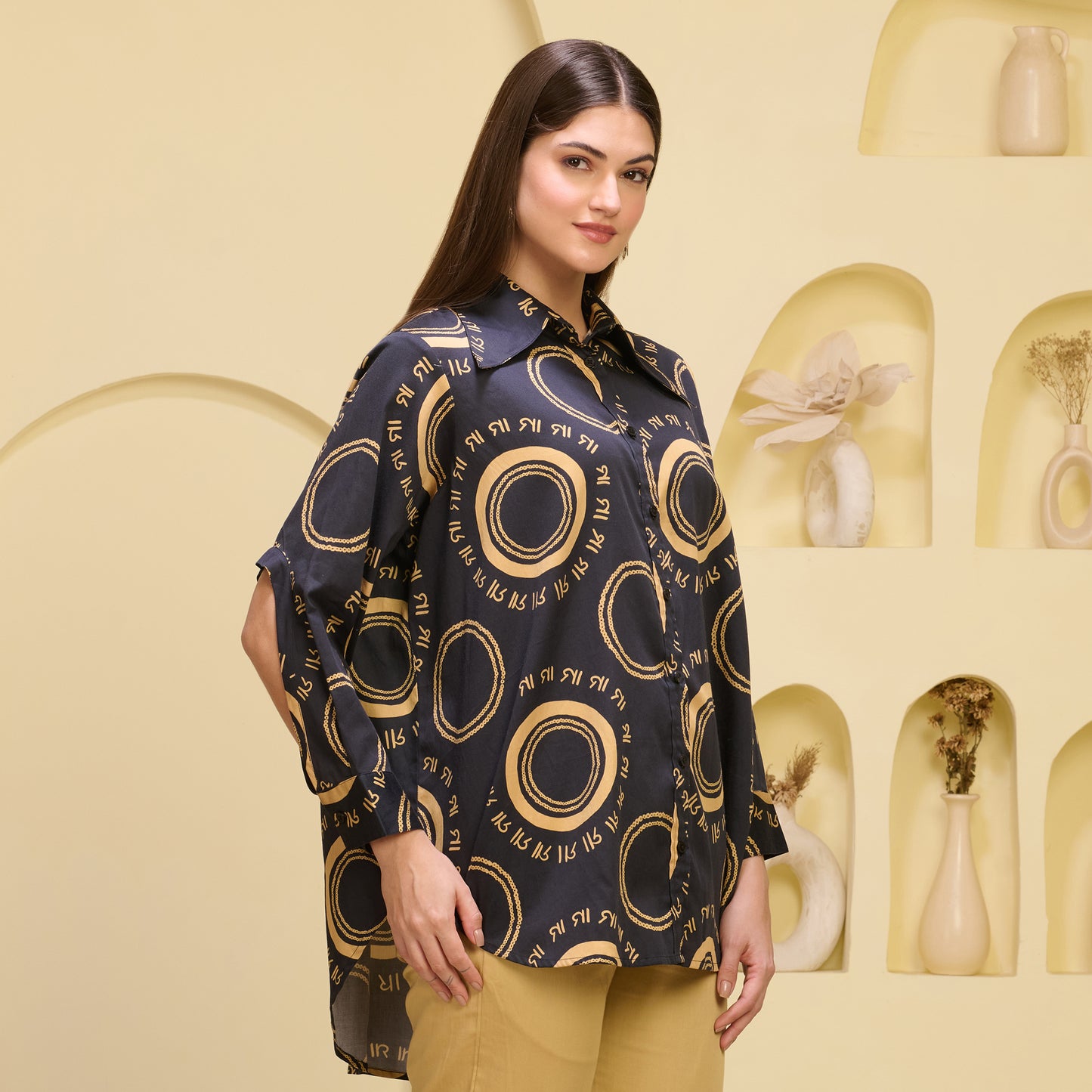 Black and Golden Maa Print Shirt with Cutout Sleeves