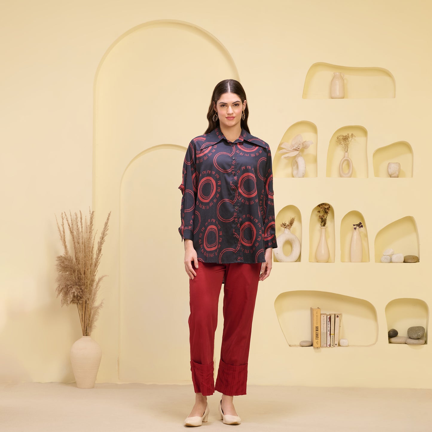 Black and Red Maa Print Shirt with Cutout Sleeves