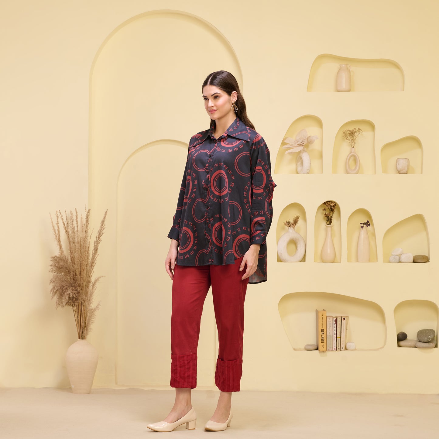 Black and Red Maa Print Shirt with Cutout Sleeves