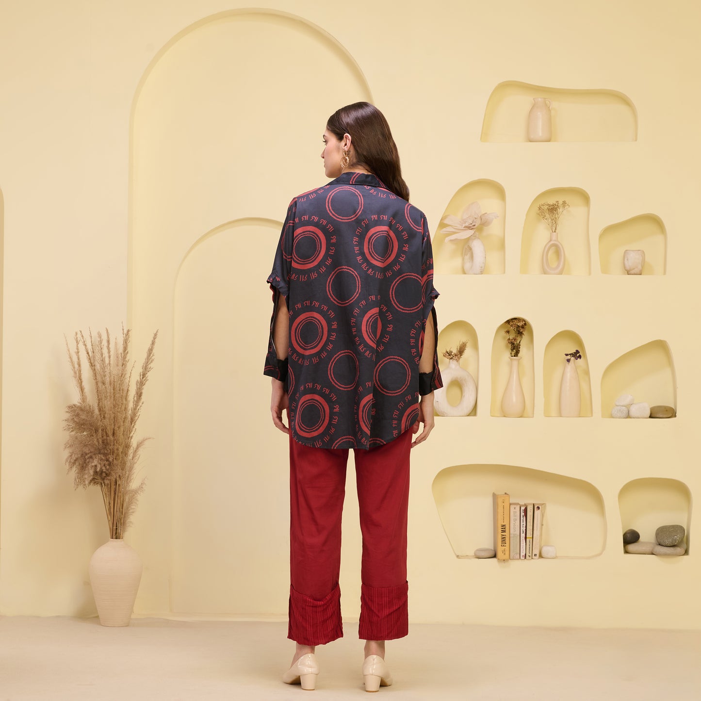 Black and Red Maa Print Shirt with Cutout Sleeves