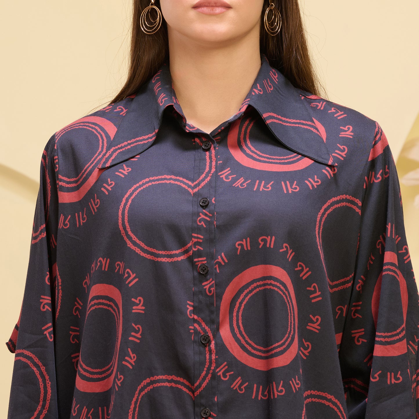 Black and Red Maa Print Shirt with Cutout Sleeves