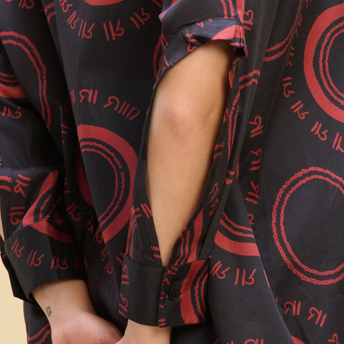 Black and Red Maa Print Shirt with Cutout Sleeves