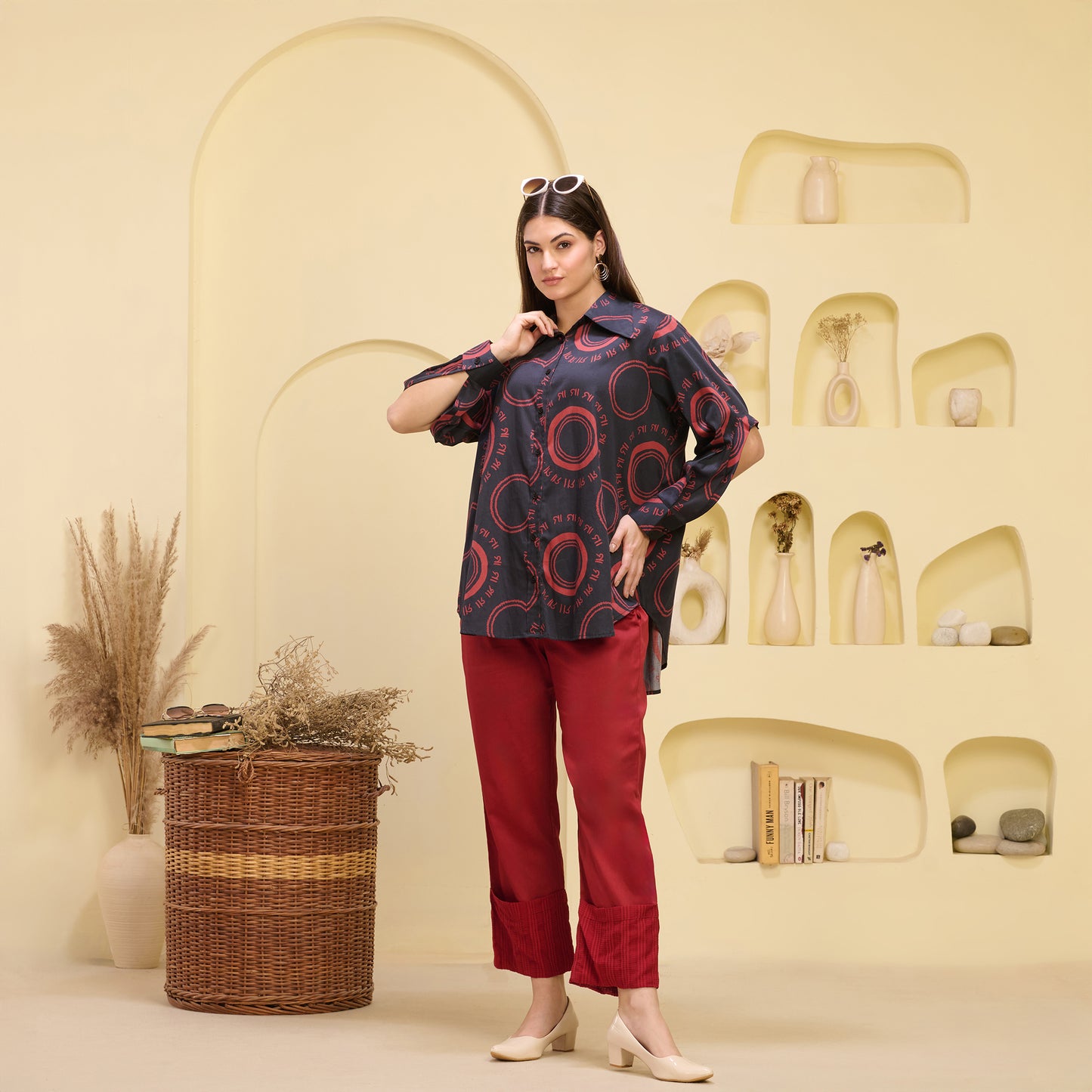 Black and Red Maa Print Shirt with Cutout Sleeves