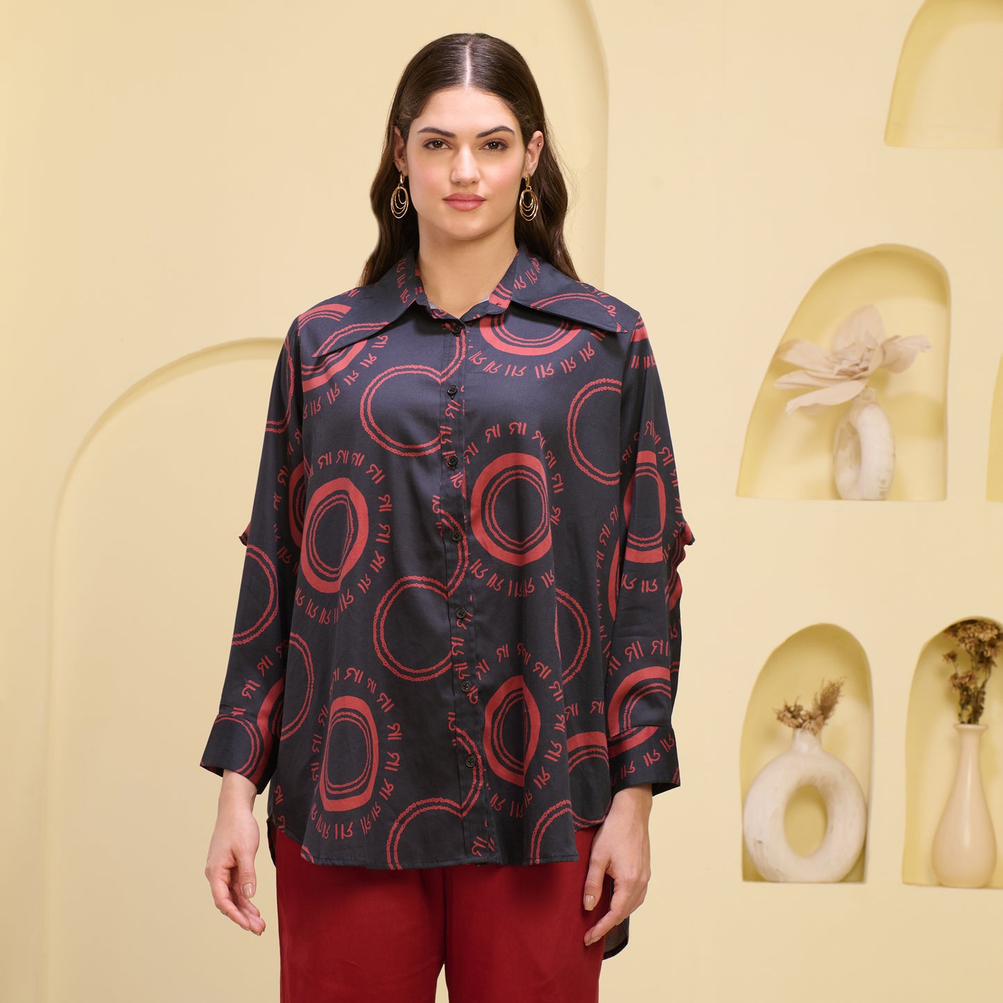 Black and Red Maa Print Shirt with Cutout Sleeves