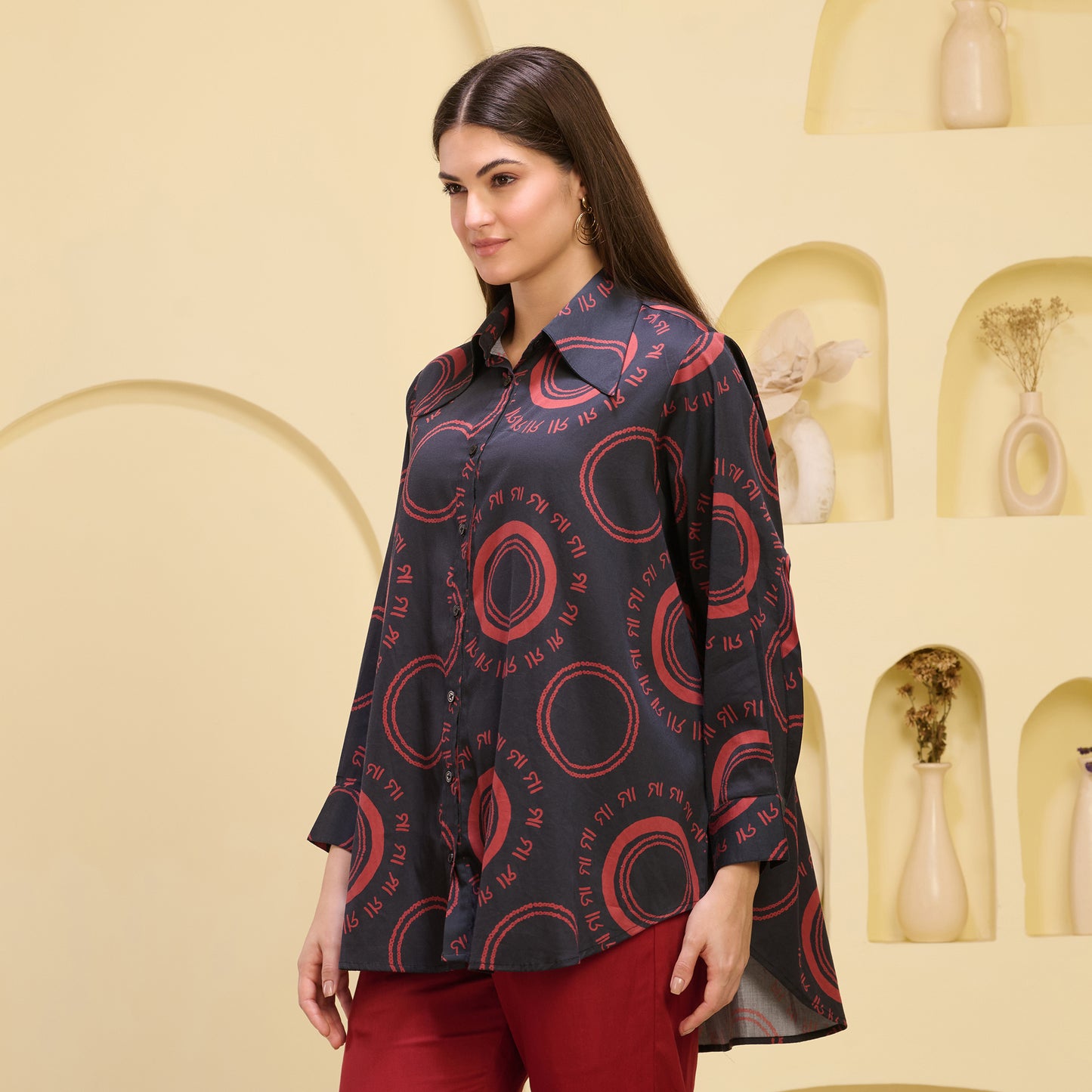 Black and Red Maa Print Shirt with Cutout Sleeves