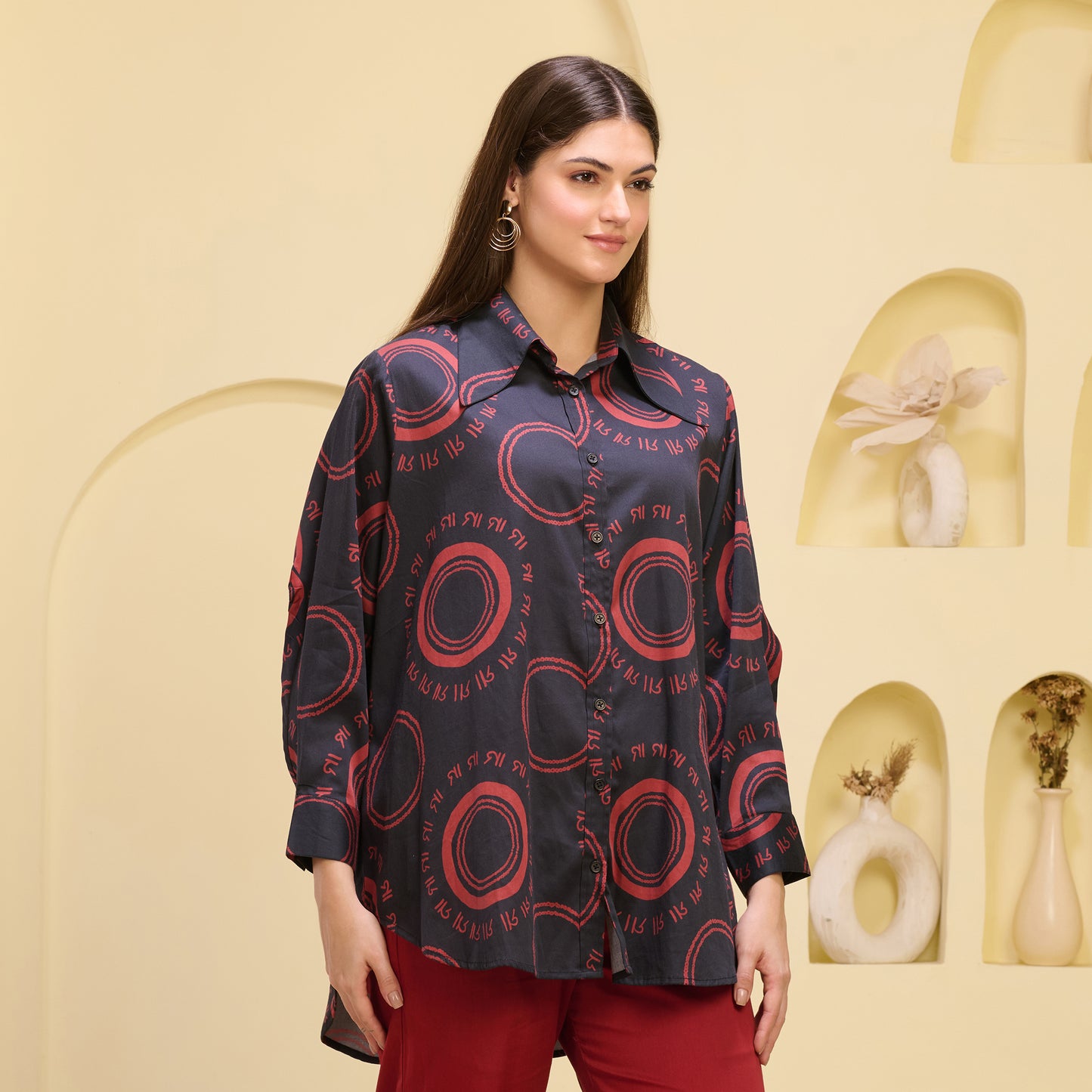 Black and Red Maa Print Shirt with Cutout Sleeves