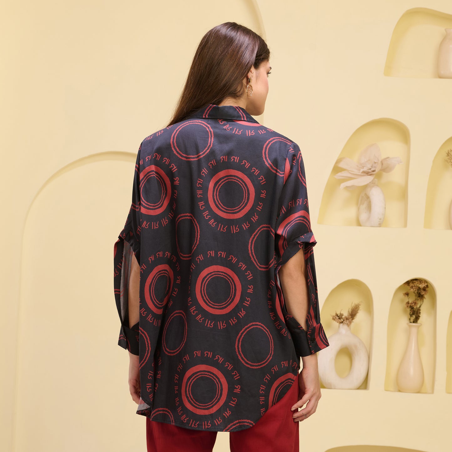 Black and Red Maa Print Shirt with Cutout Sleeves