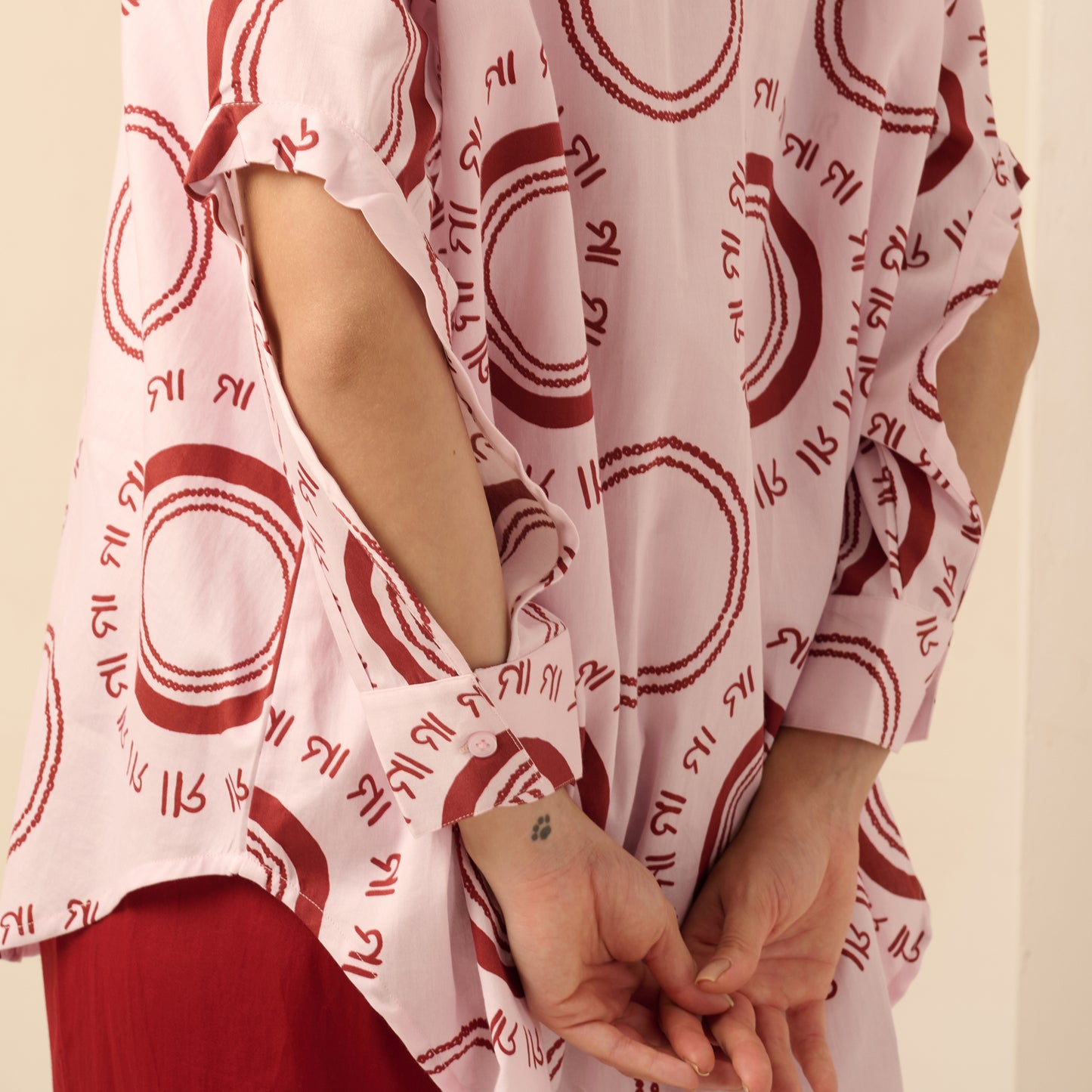 Pink and Red Maa Print Shirt with Cutout Sleeves