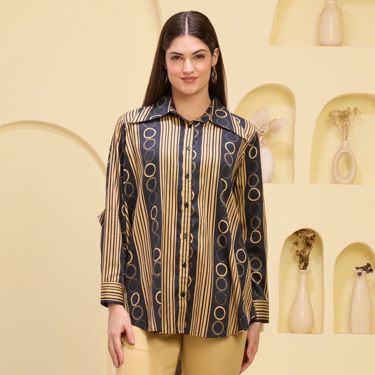 Black and Golden Powerful Stripe Print Shirt with Cutout Sleeves