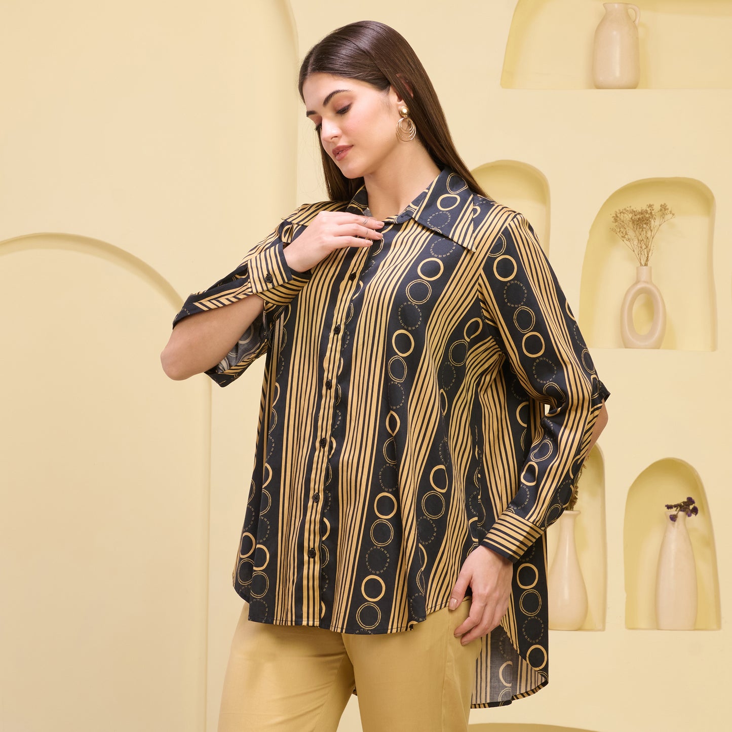 Black and Golden Powerful Stripe Print Shirt with Cutout Sleeves