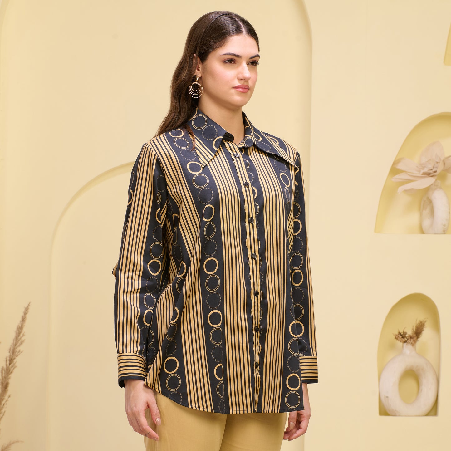 Black and Golden Powerful Stripe Print Shirt with Cutout Sleeves