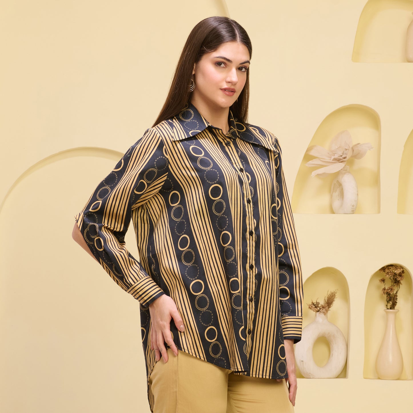 Black and Golden Powerful Stripe Print Shirt with Cutout Sleeves