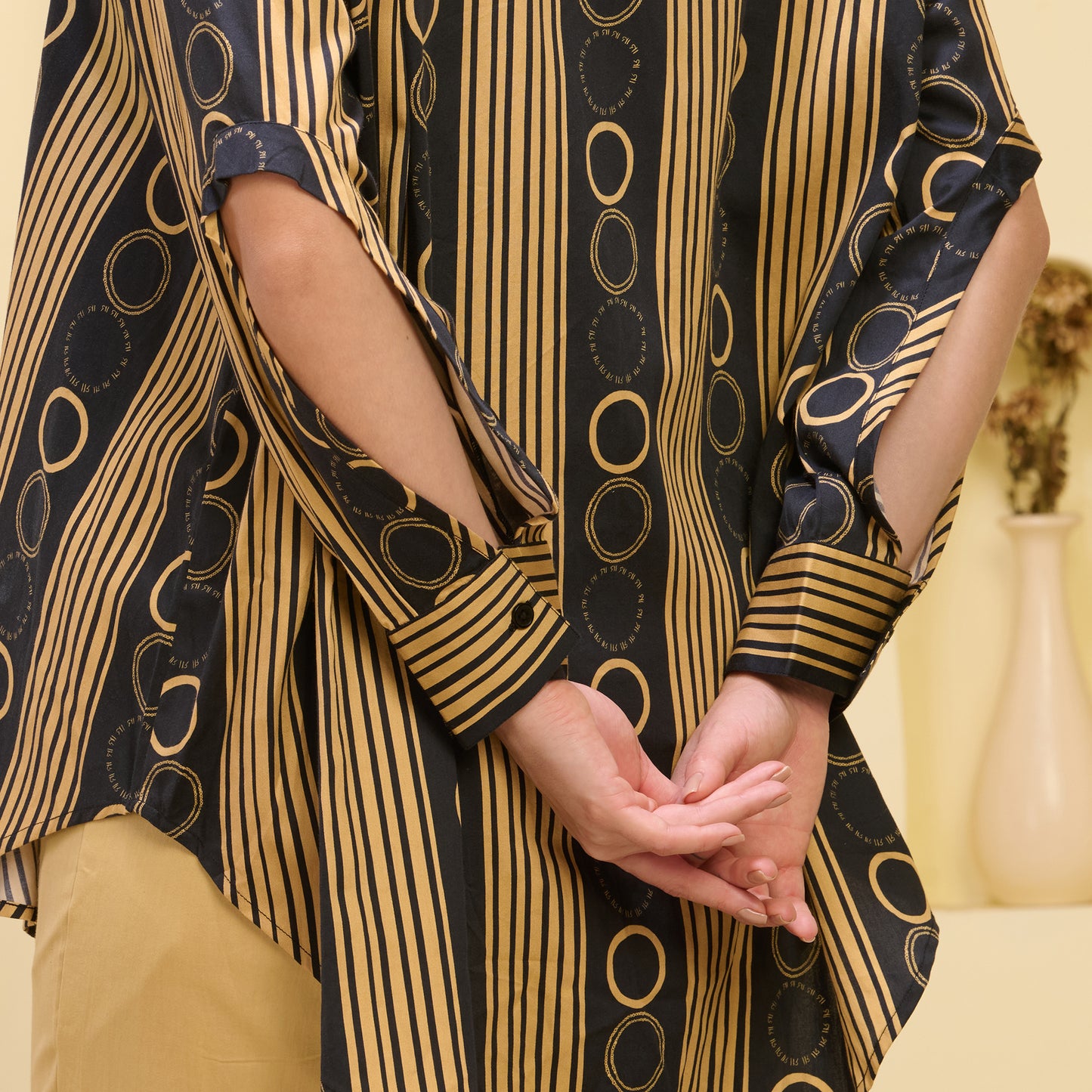 Black and Golden Powerful Stripe Print Shirt with Cutout Sleeves