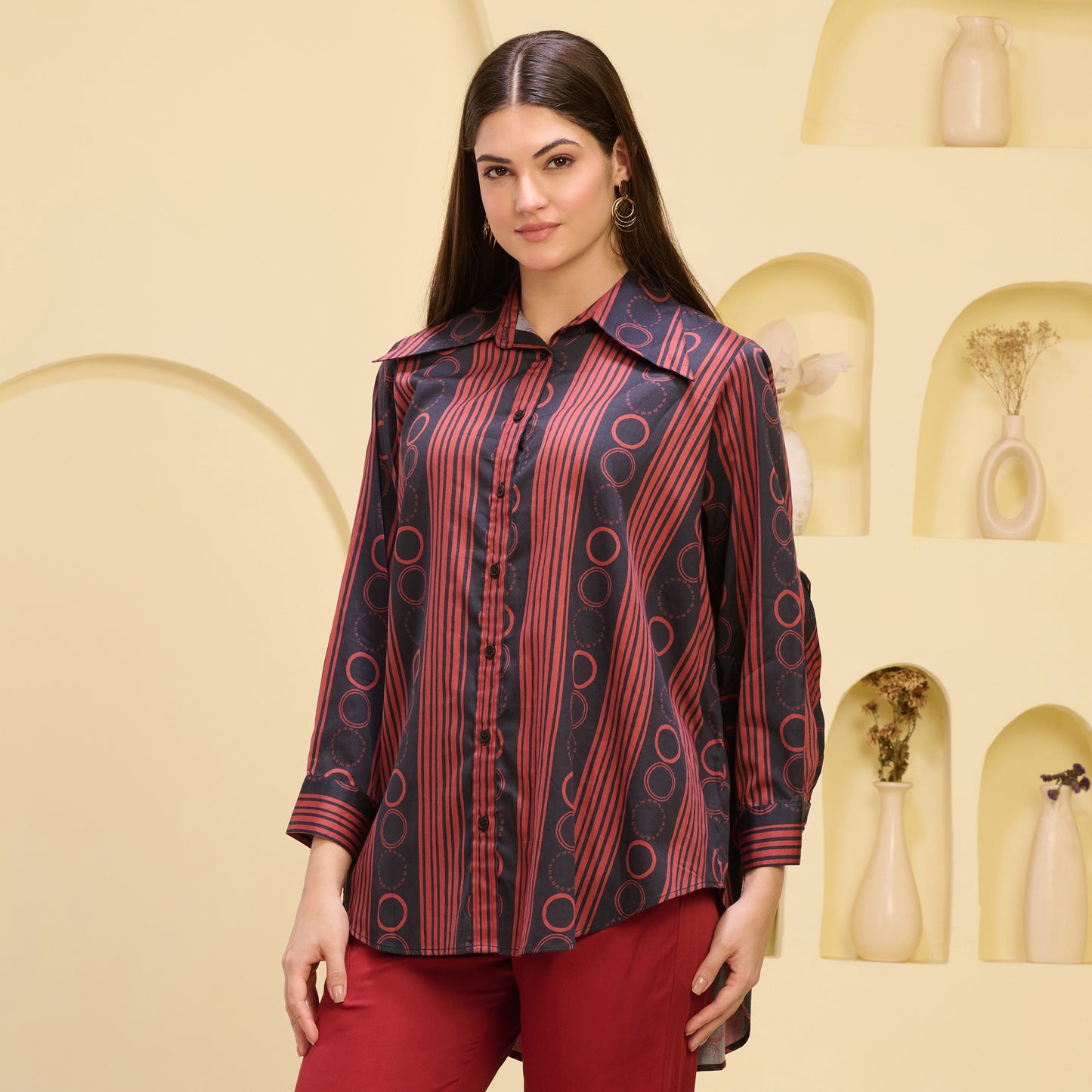 Black and Red Powerful Stripe Print Shirt with Cutout Sleeves