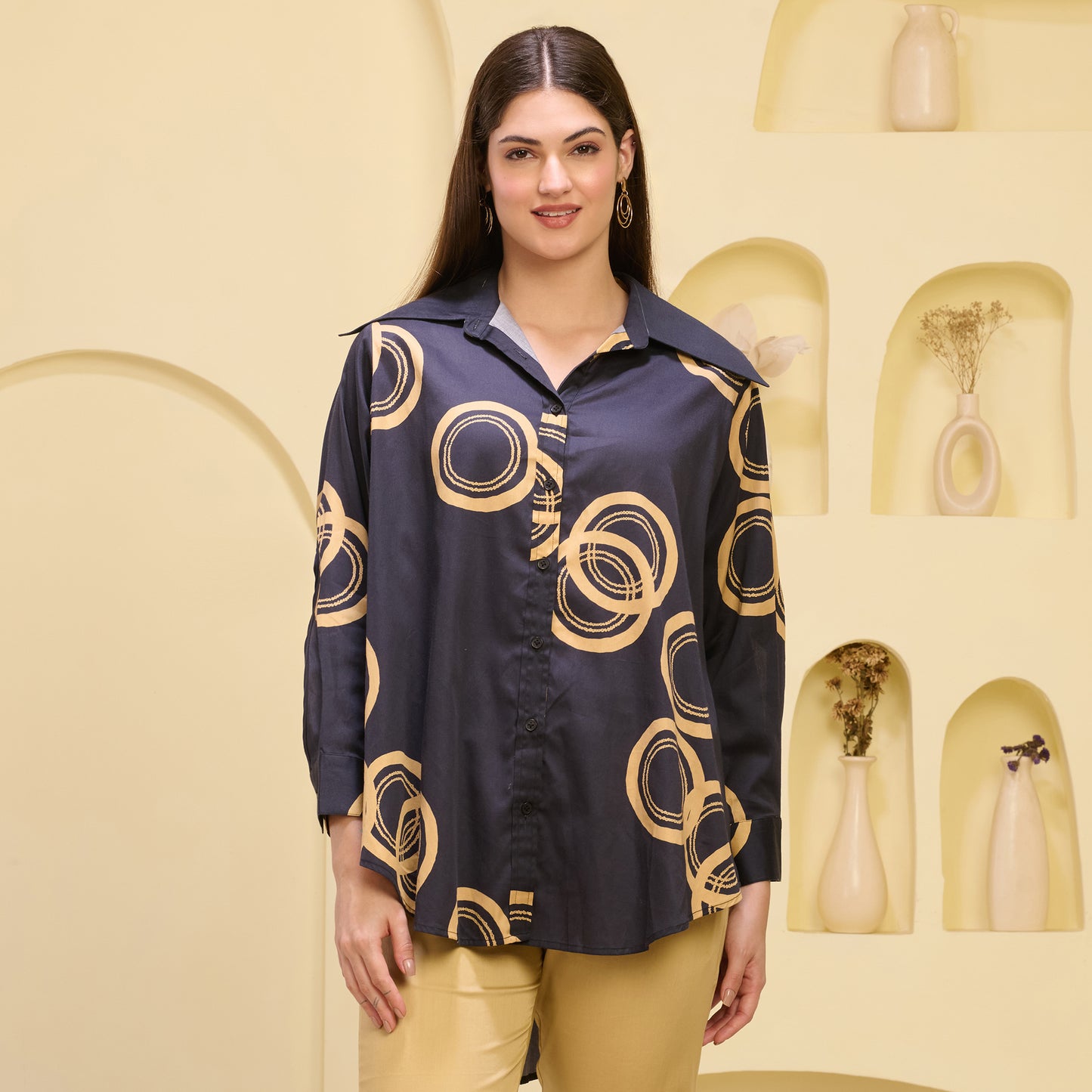 Black and Golden Powerful Print Shirt with Cutout Sleeves