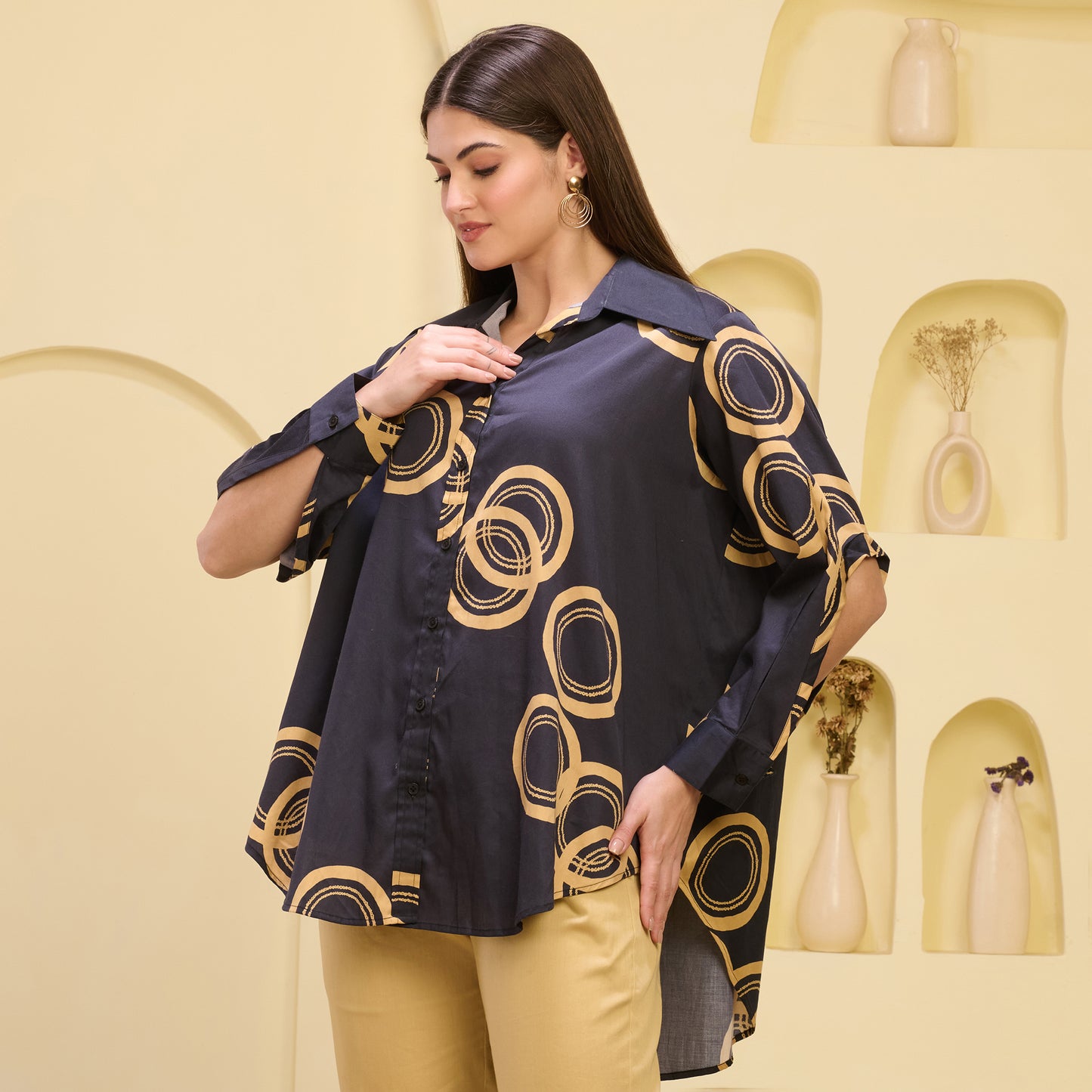 Black and Golden Powerful Print Shirt with Cutout Sleeves