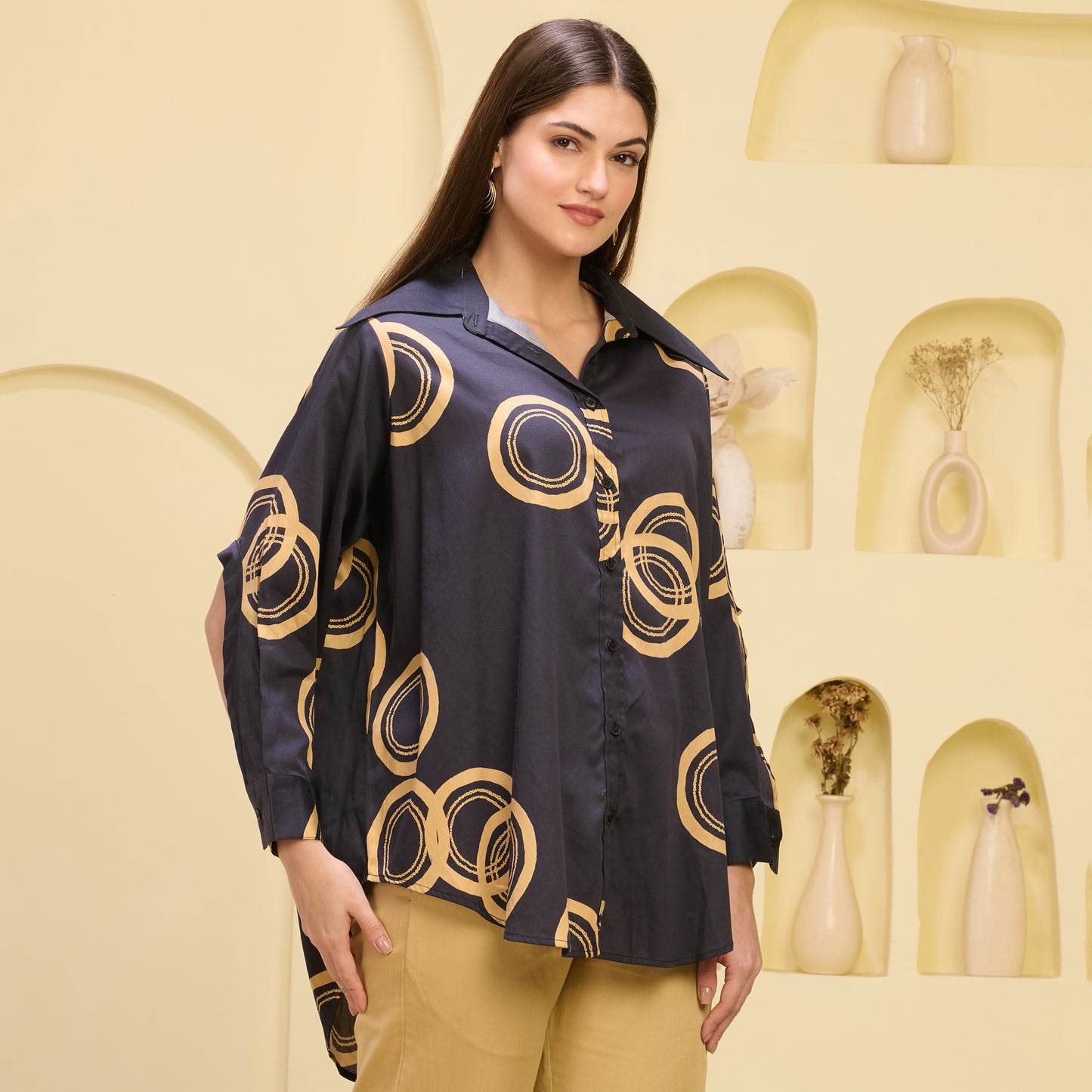 Black and Golden Powerful Print Shirt with Cutout Sleeves