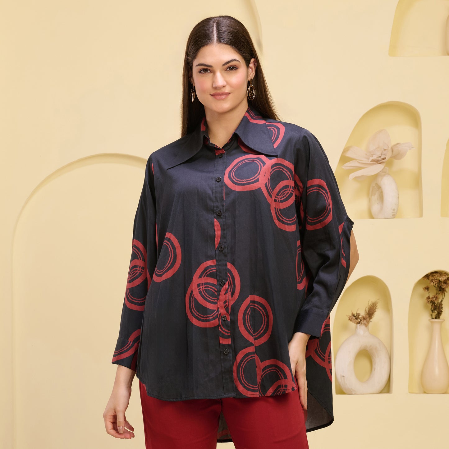 Black and Red Powerful Print Shirt with Cutout Sleeves