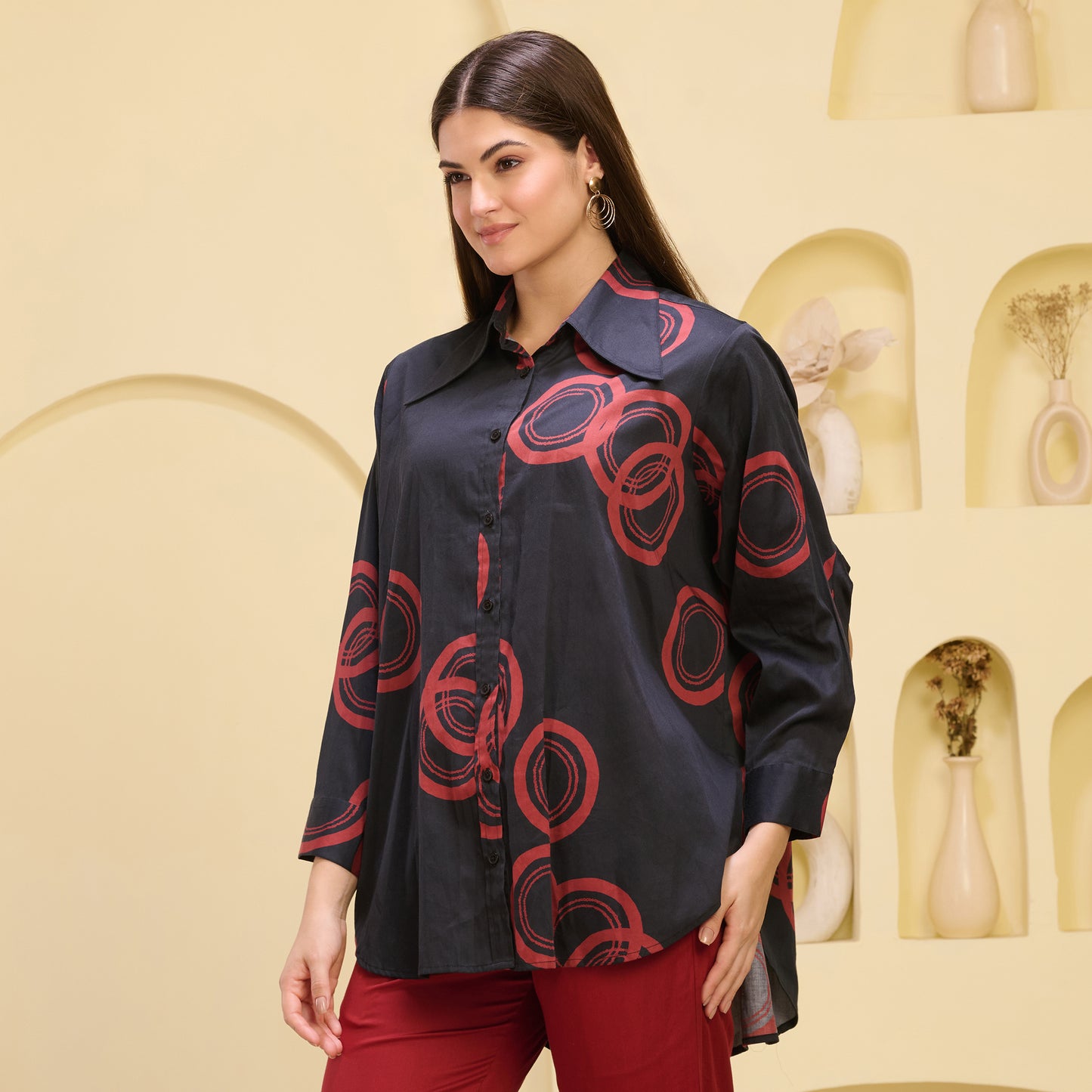 Black and Red Powerful Print Shirt with Cutout Sleeves