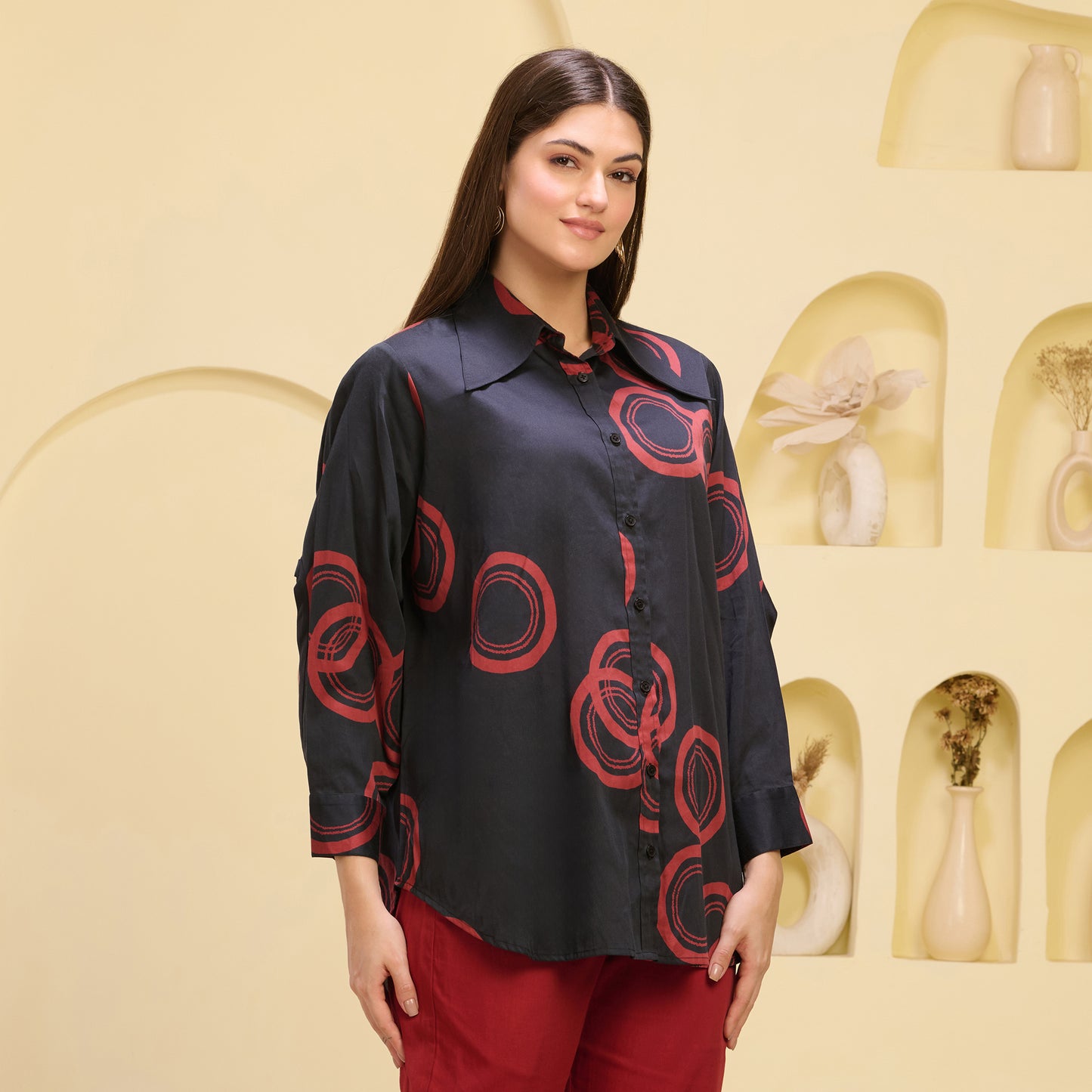 Black and Red Powerful Print Shirt with Cutout Sleeves