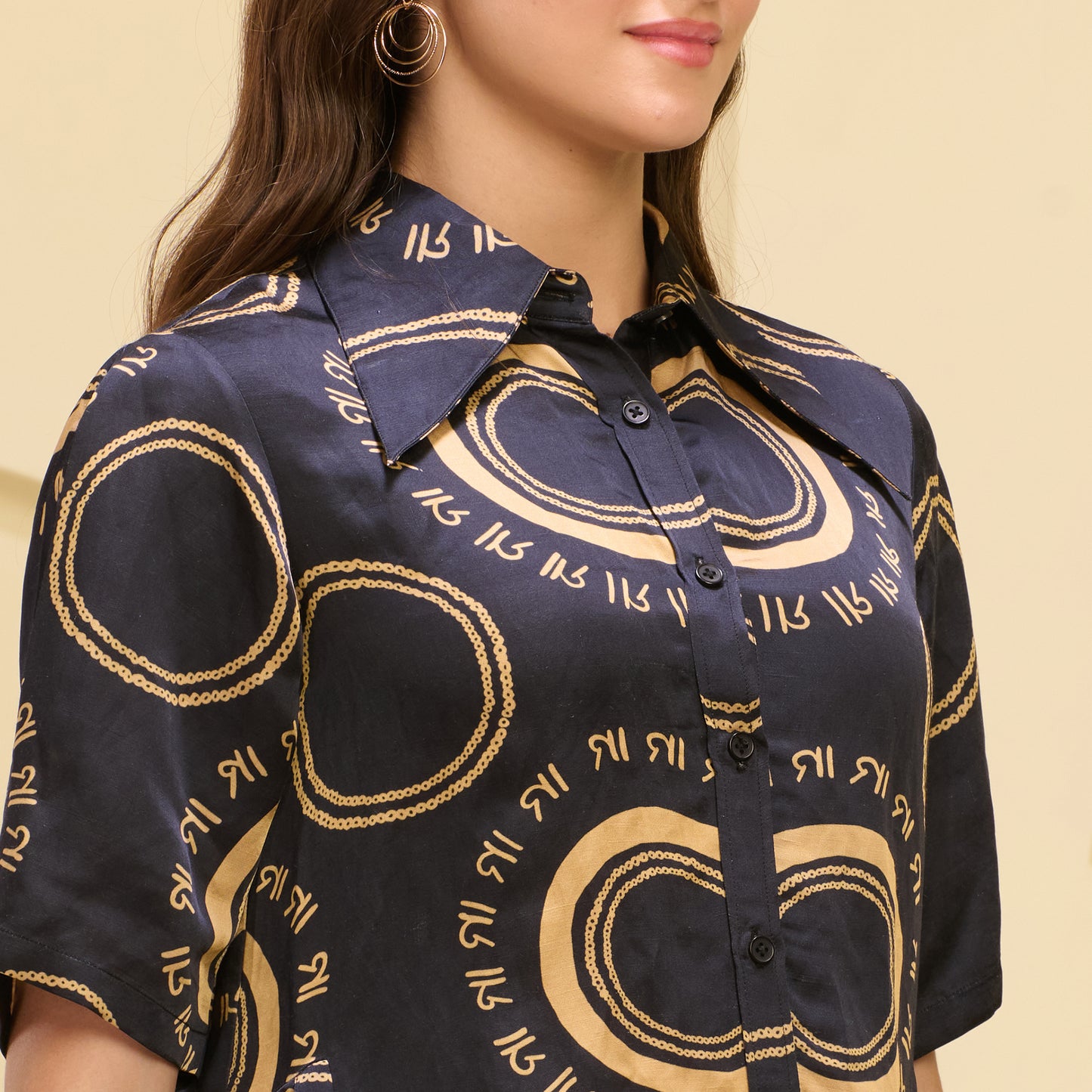 Black and Golden Maa Print Pleated Shirt