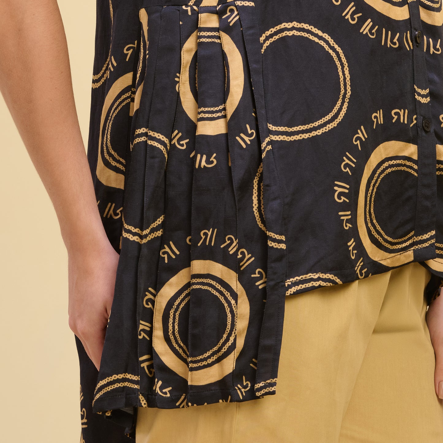 Black and Golden Maa Print Pleated Shirt