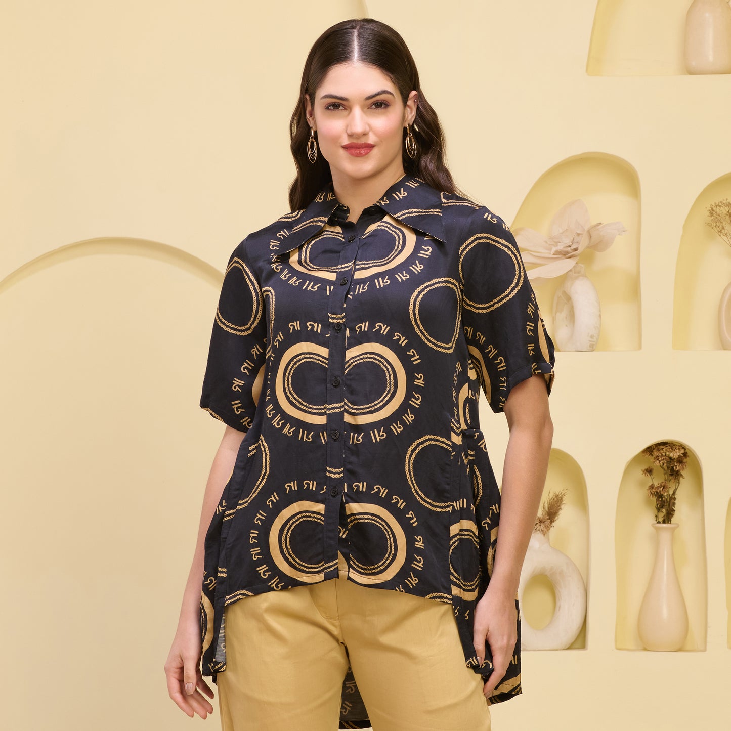 Black and Golden Maa Print Pleated Shirt