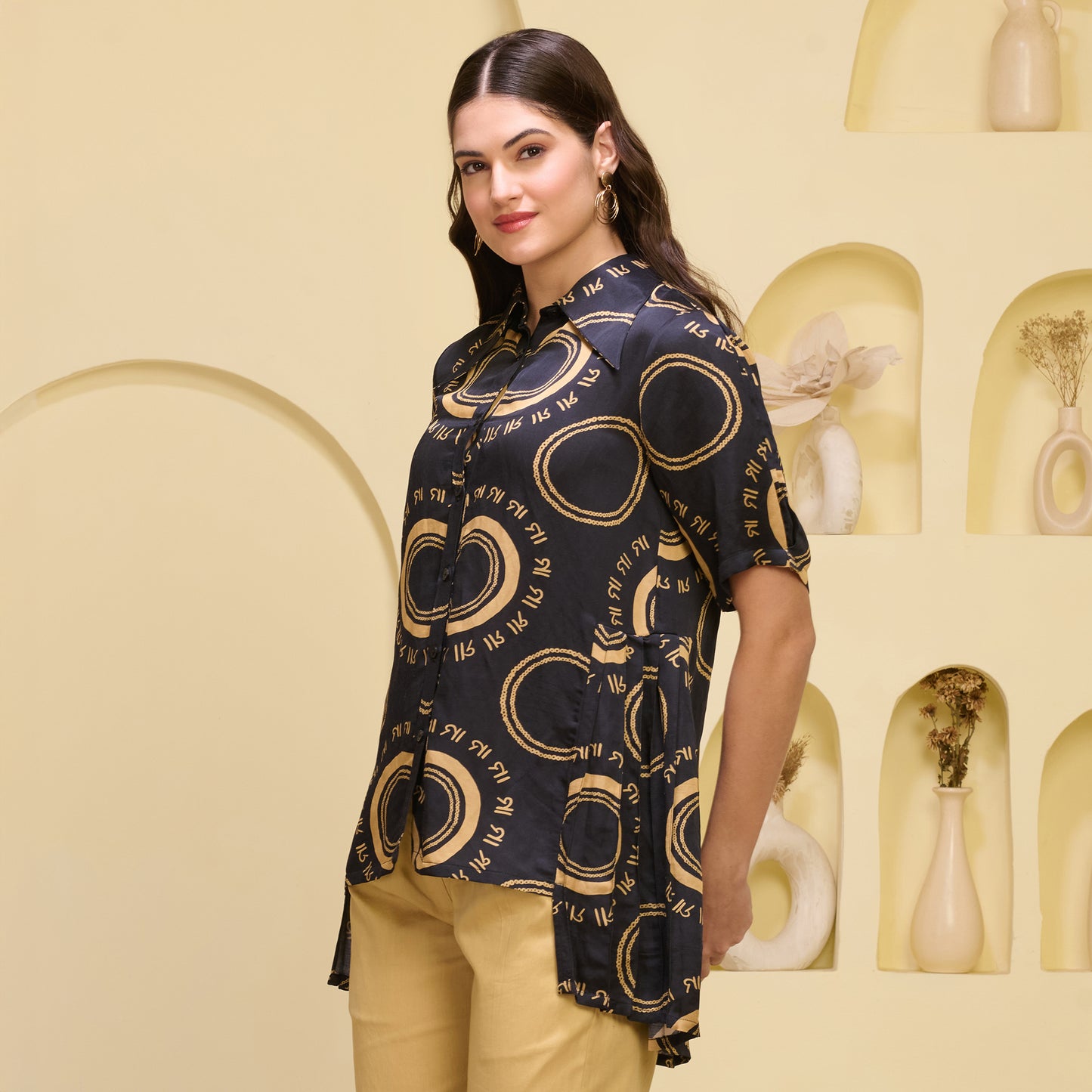 Black and Golden Maa Print Pleated Shirt