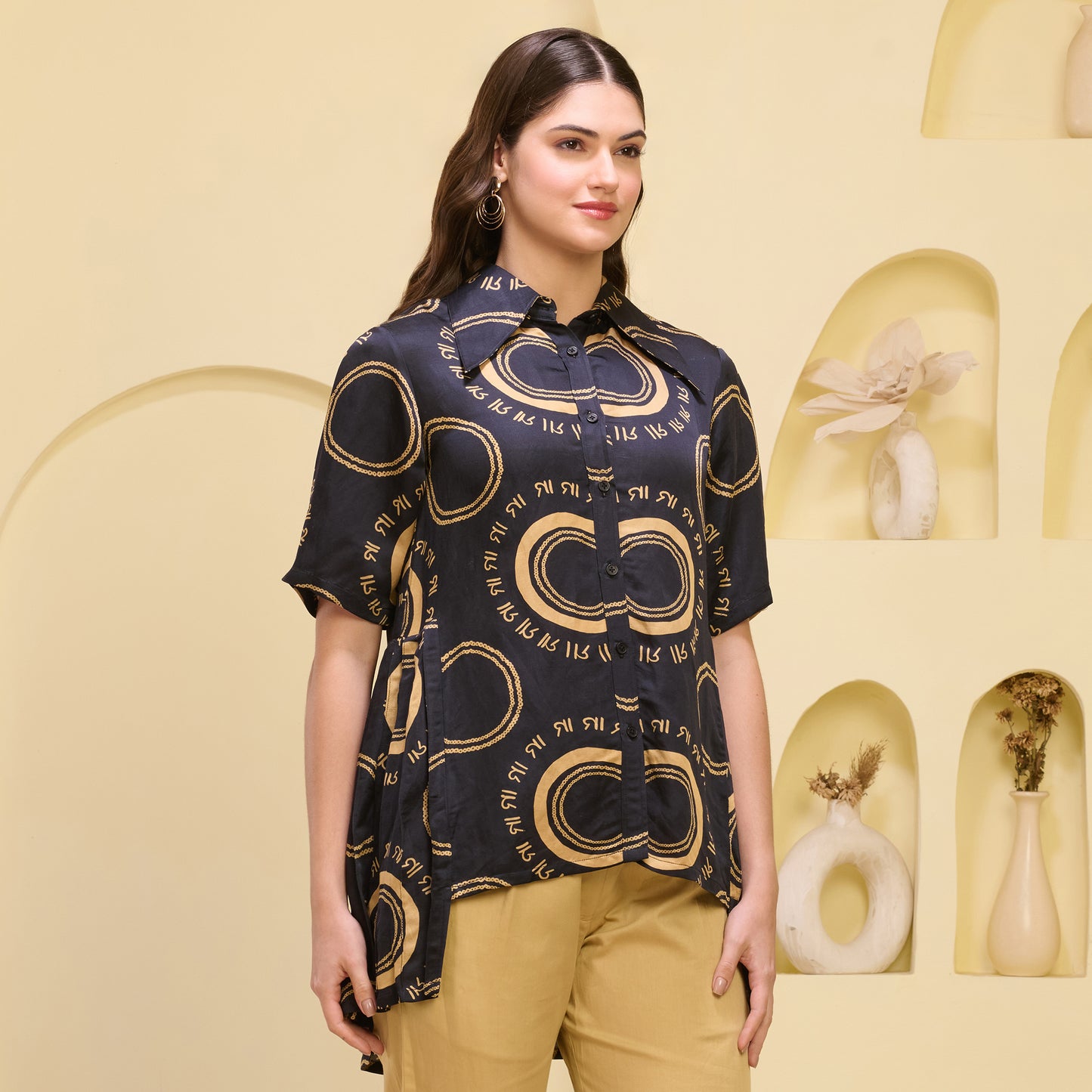 Black and Golden Maa Print Pleated Shirt