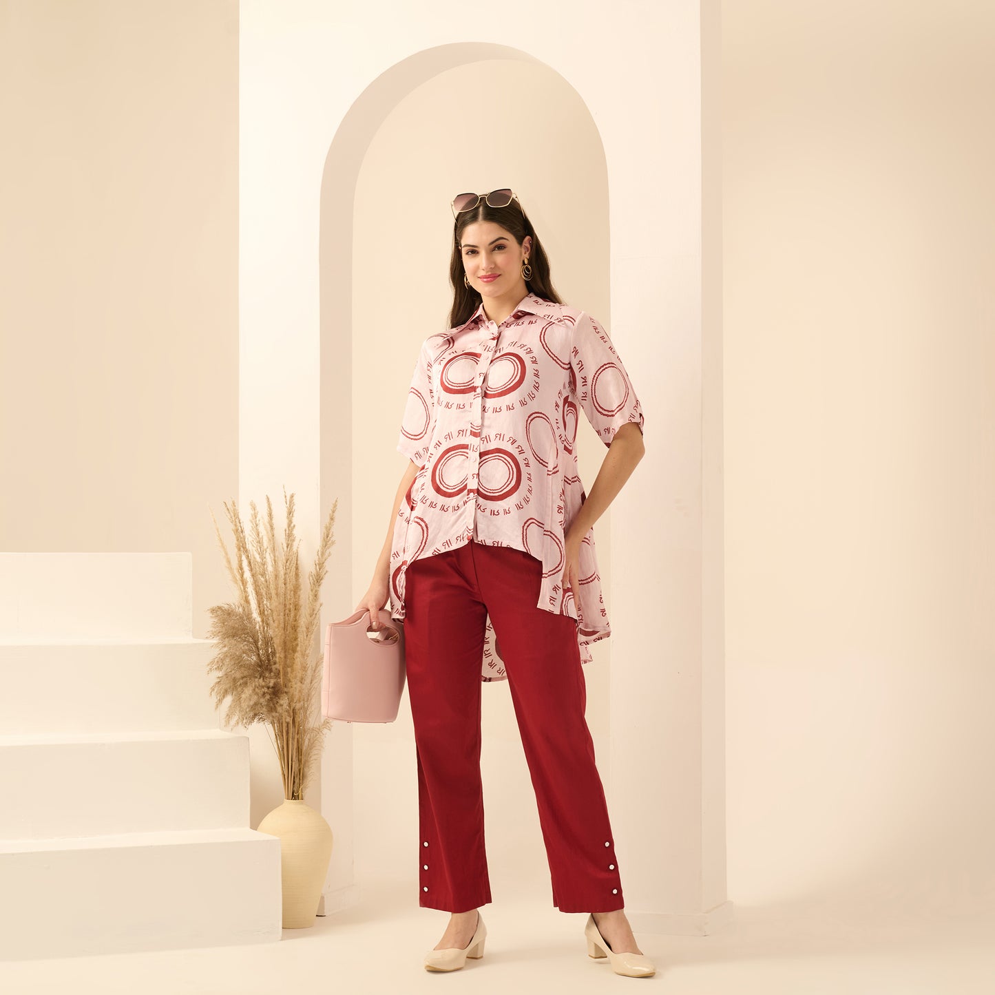 Pink and Red Maa Print Pleated Shirt