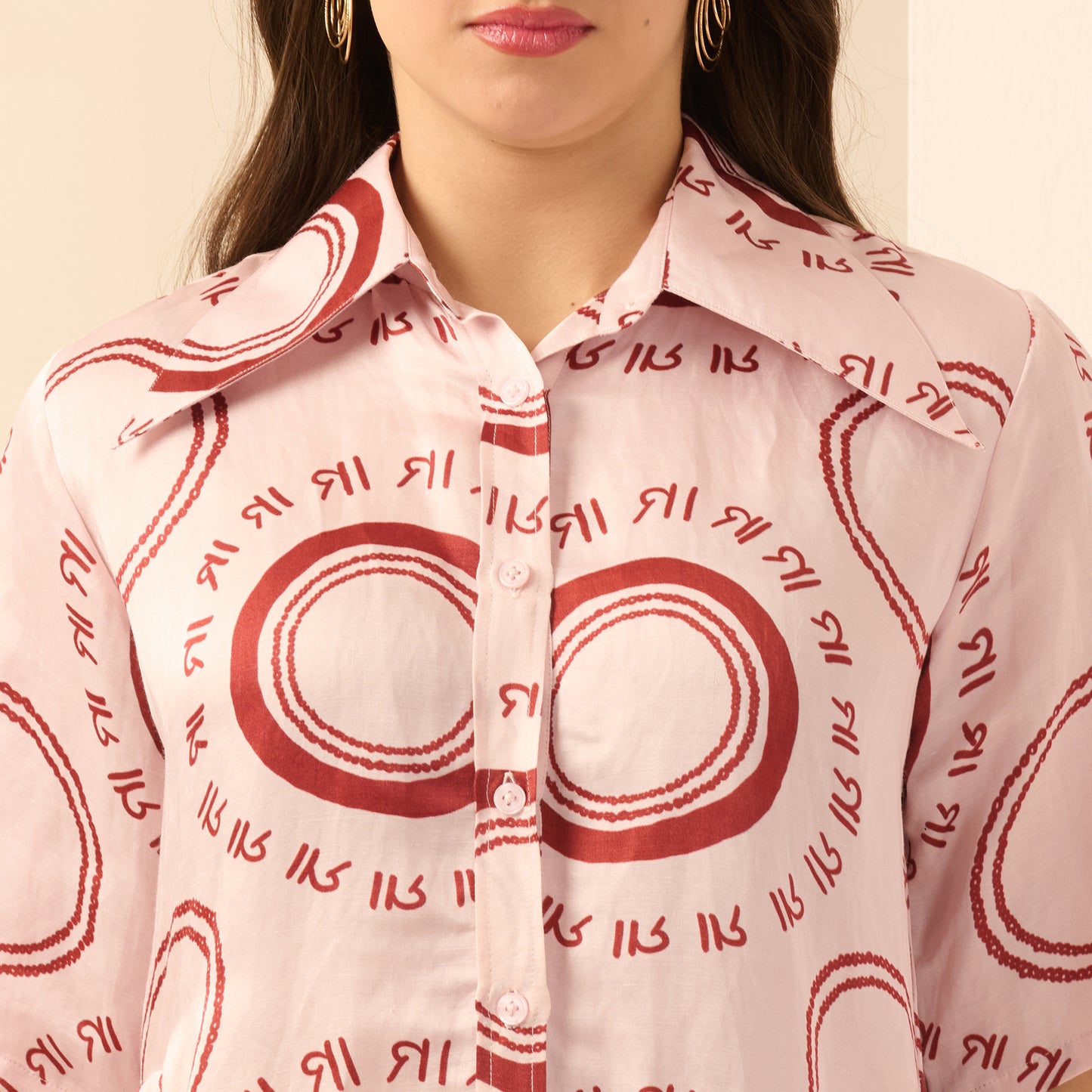 Pink and Red Maa Print Pleated Shirt