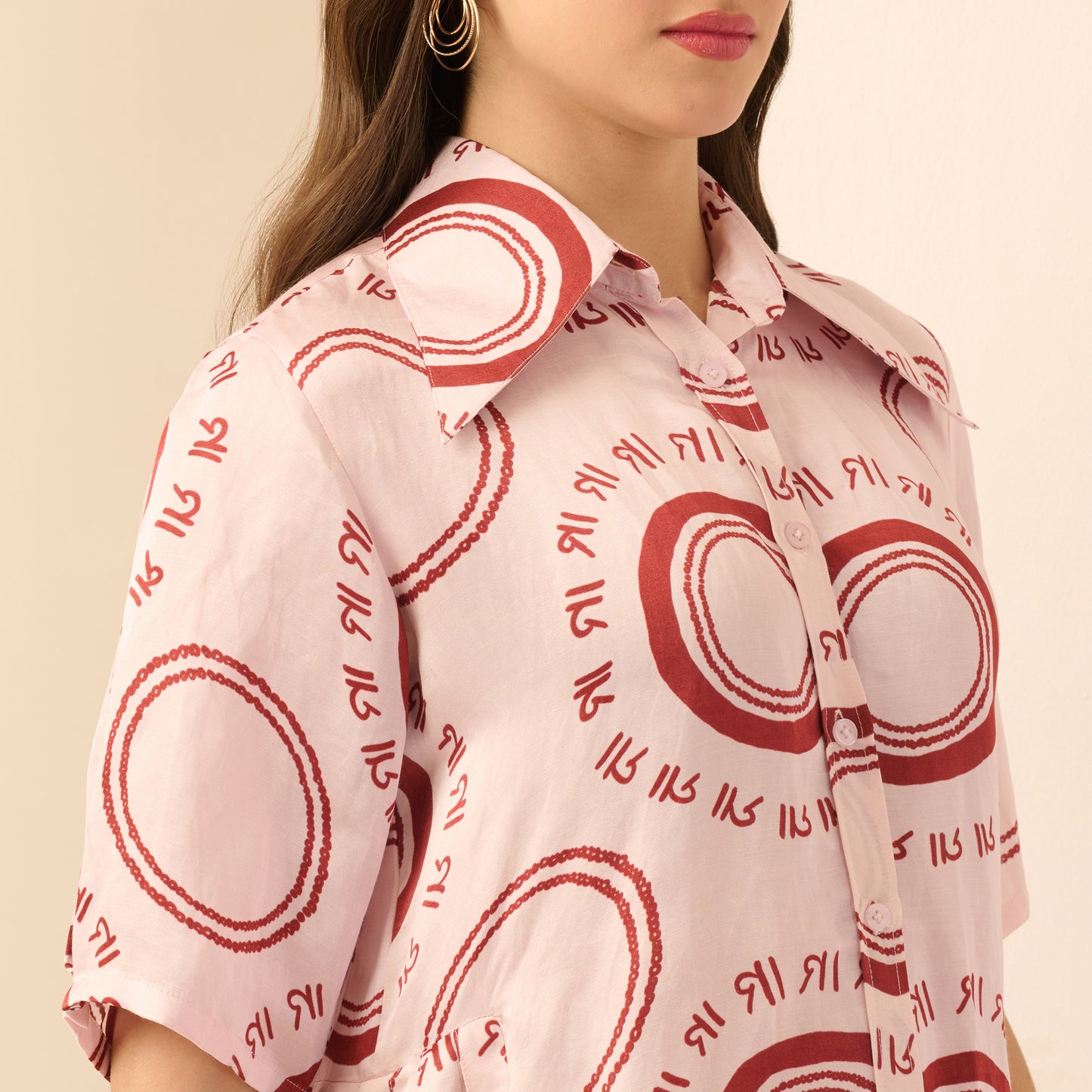 Pink and Red Maa Print Pleated Shirt