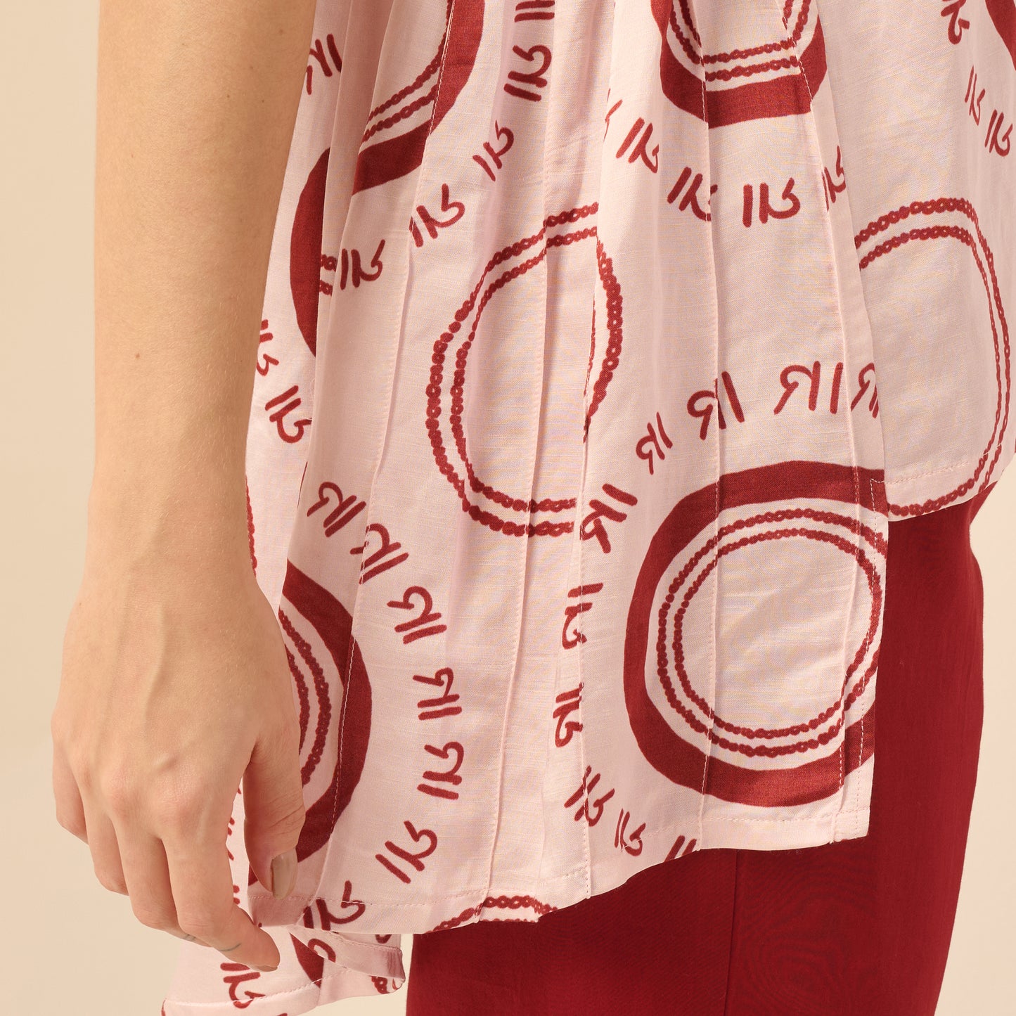 Pink and Red Maa Print Pleated Shirt