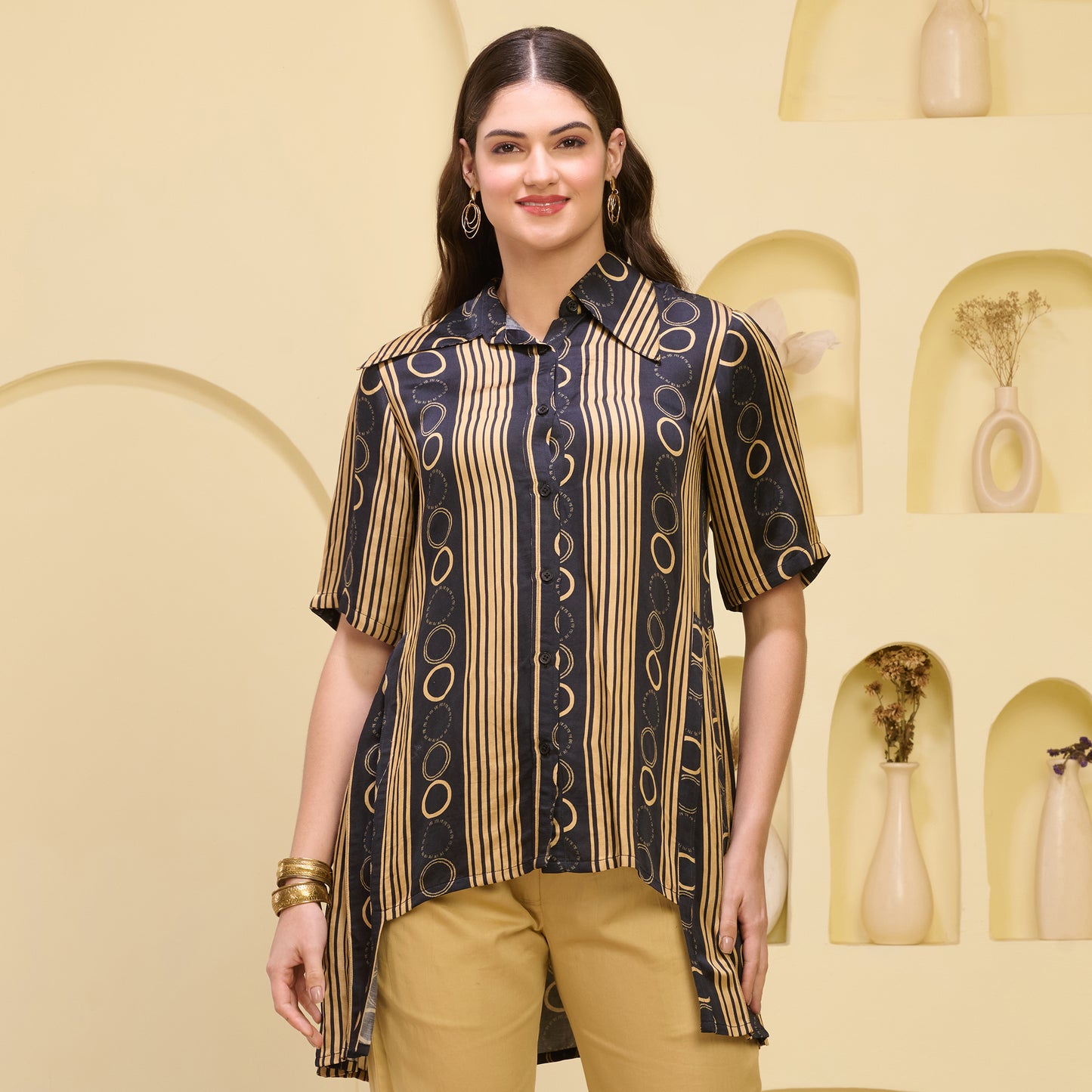 Black and Golden Powerful Stripe Print Pleated Shirt