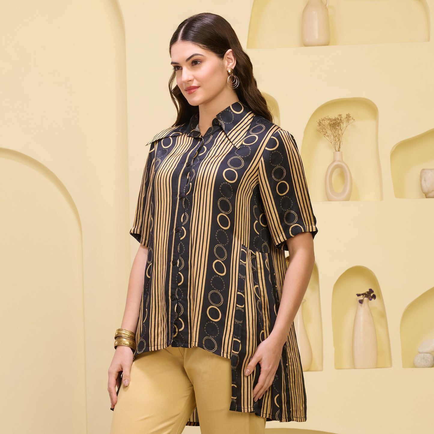 Black and Golden Powerful Stripe Print Pleated Shirt