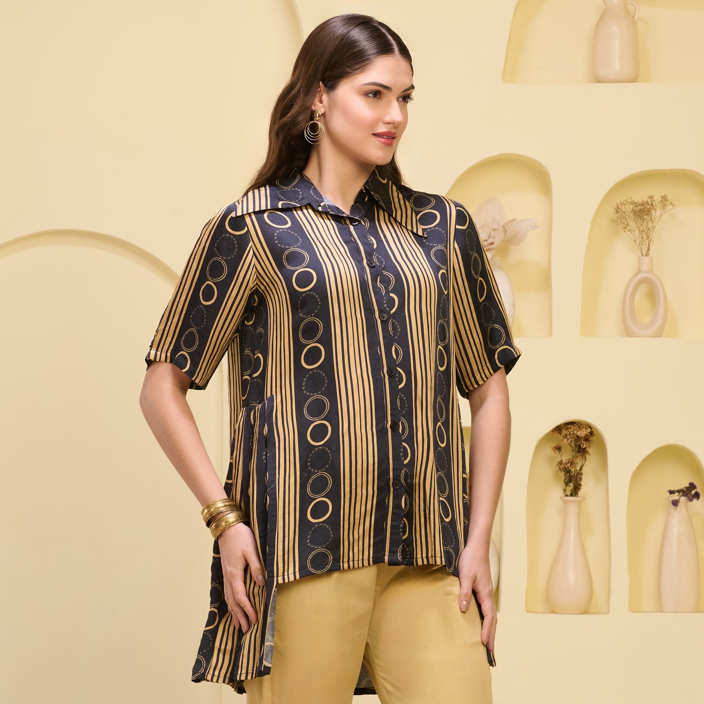 Black and Golden Powerful Stripe Print Pleated Shirt