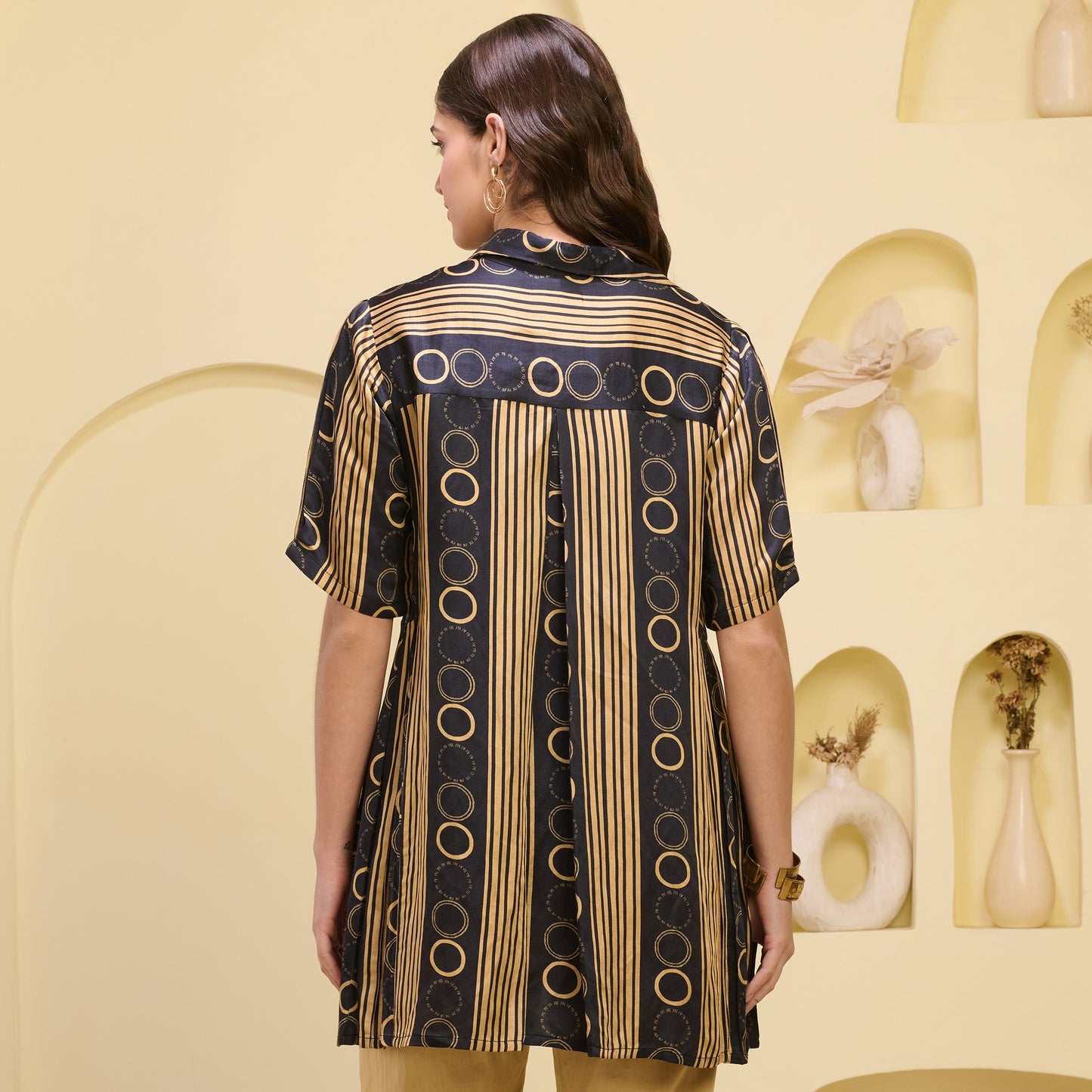 Black and Golden Powerful Stripe Print Pleated Shirt