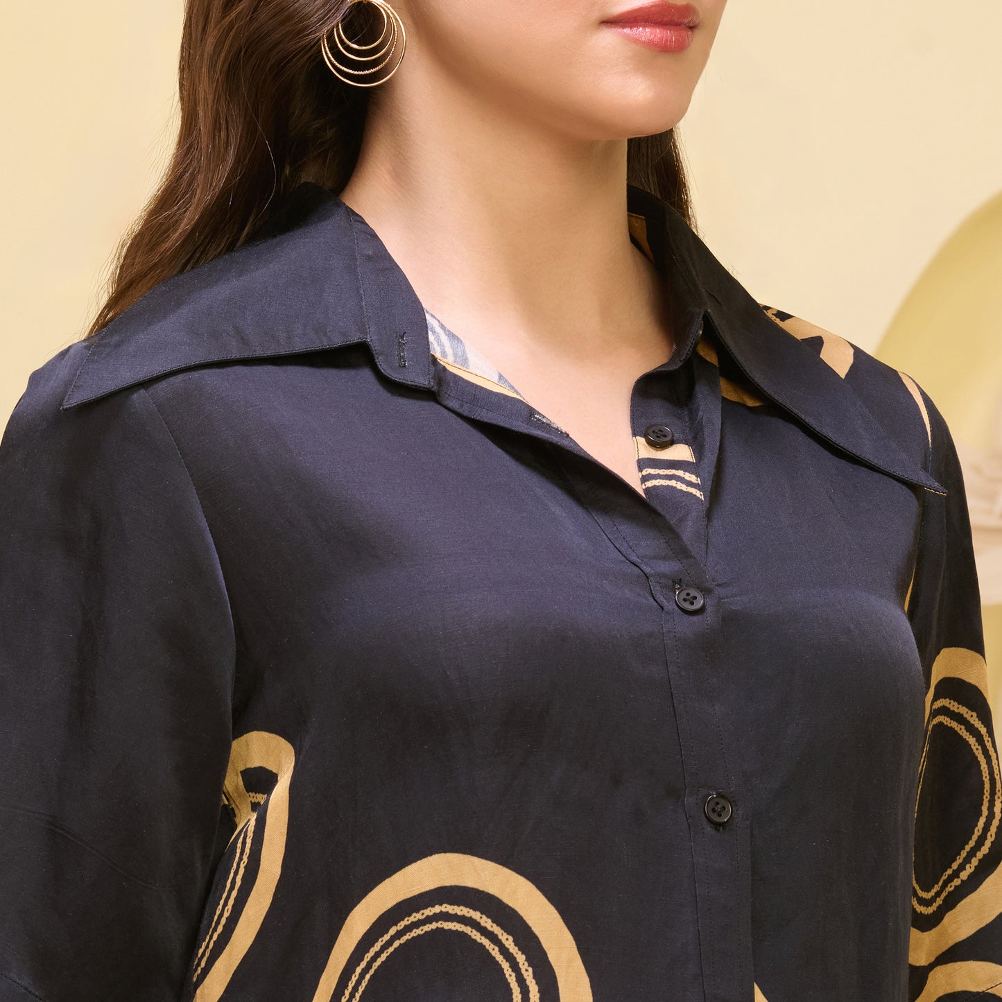 Black and Golden Powerful Print Pleated Shirt