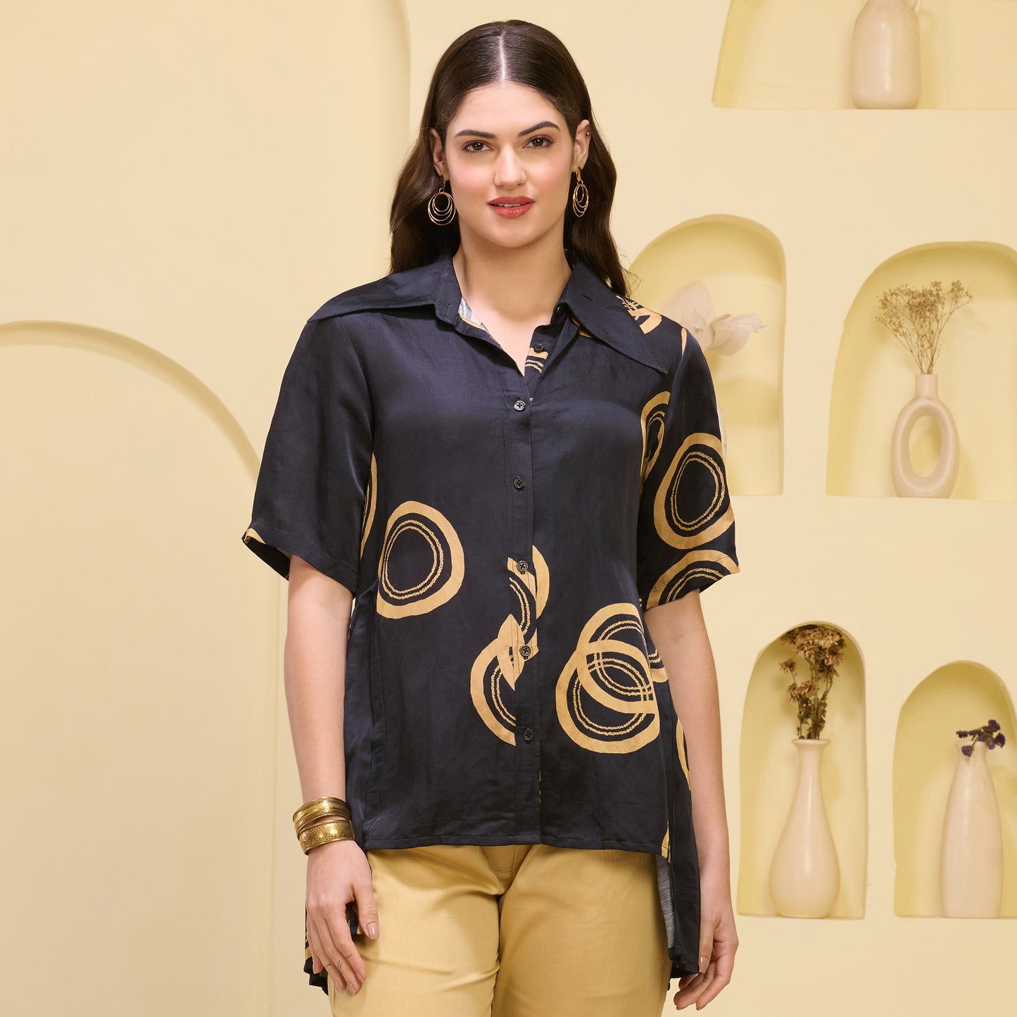 Black and Golden Powerful Print Pleated Shirt